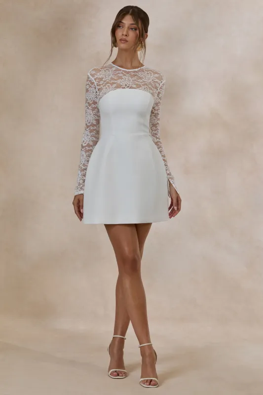 Aerin | White High-Neck Mini Dress With Long-Lace Sleeves made by Club L London