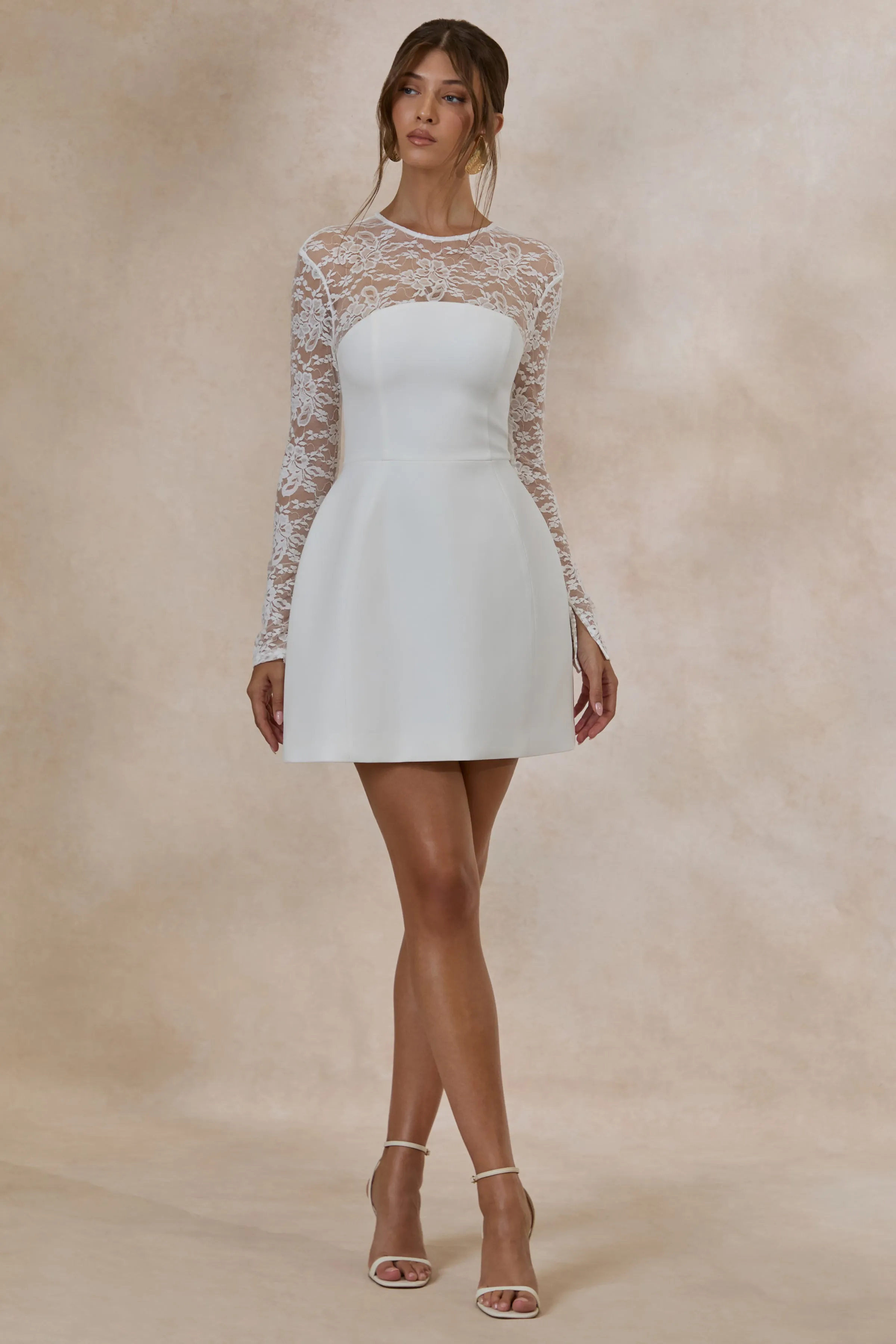 Aerin | White High-Neck Mini Dress With Long-Lace Sleeves sold by Club L London