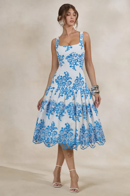 Mayra | Blue Lace Square-Neck Midi Dress With Voluminous Skirt made by Club L London