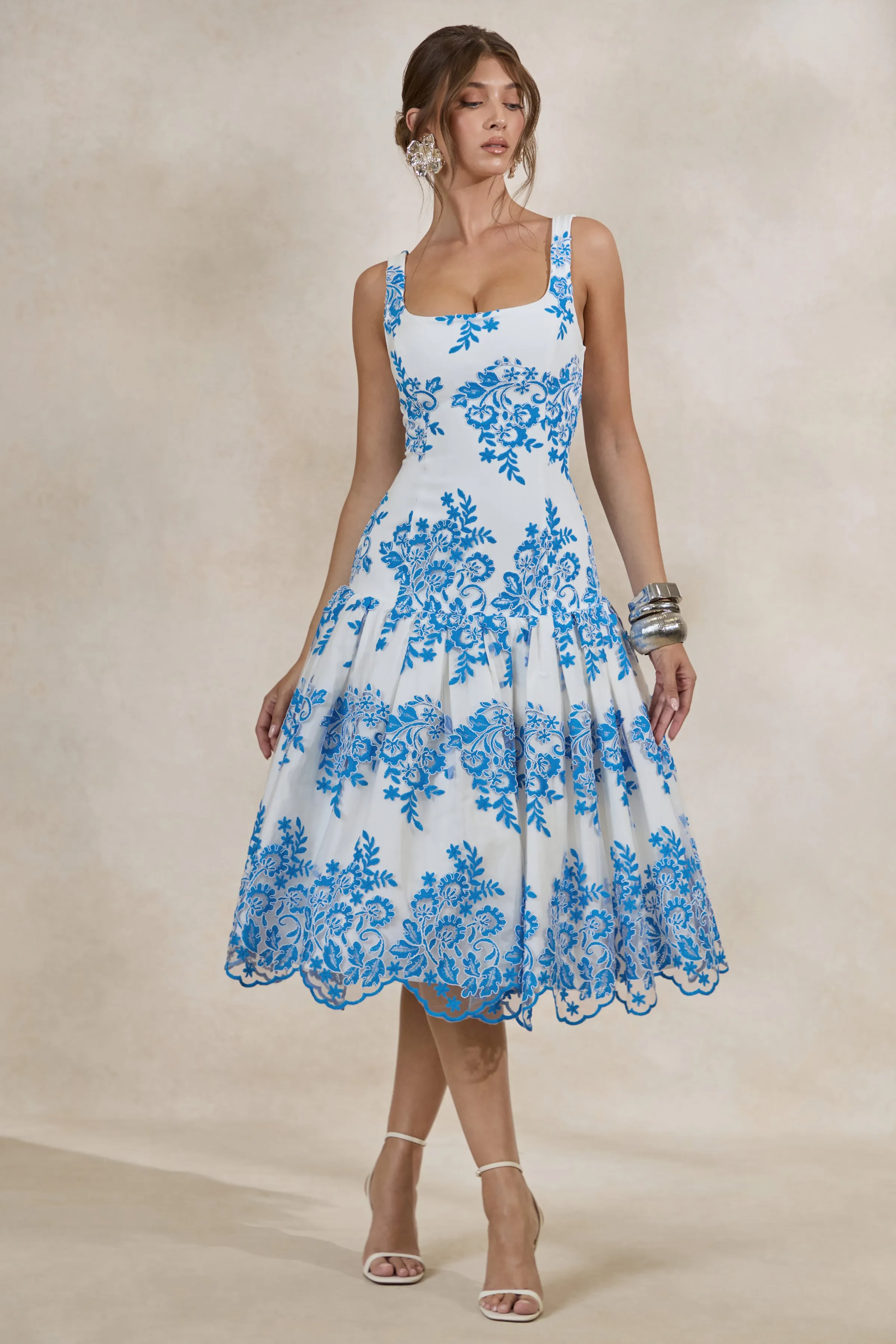 Mayra | Blue Lace Square-Neck Midi Dress With Voluminous Skirt sold by Club L London