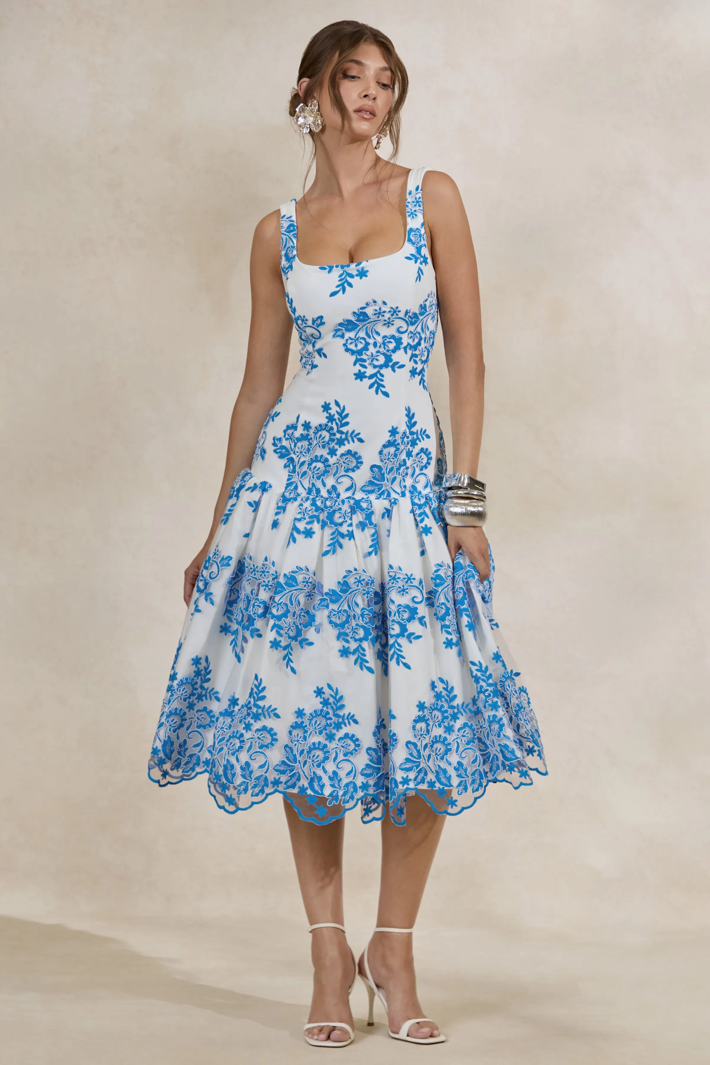 Mayra | Blue Lace Square-Neck Midi Dress With Voluminous Skirt sold by Club L London product image thumbnail 4