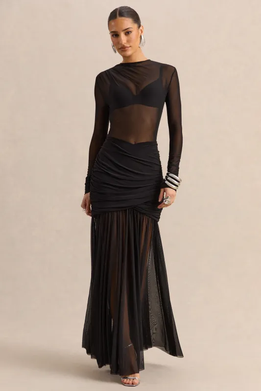 Kallie | Black Twisted Waist Mesh Maxi Skirt made by Club L London