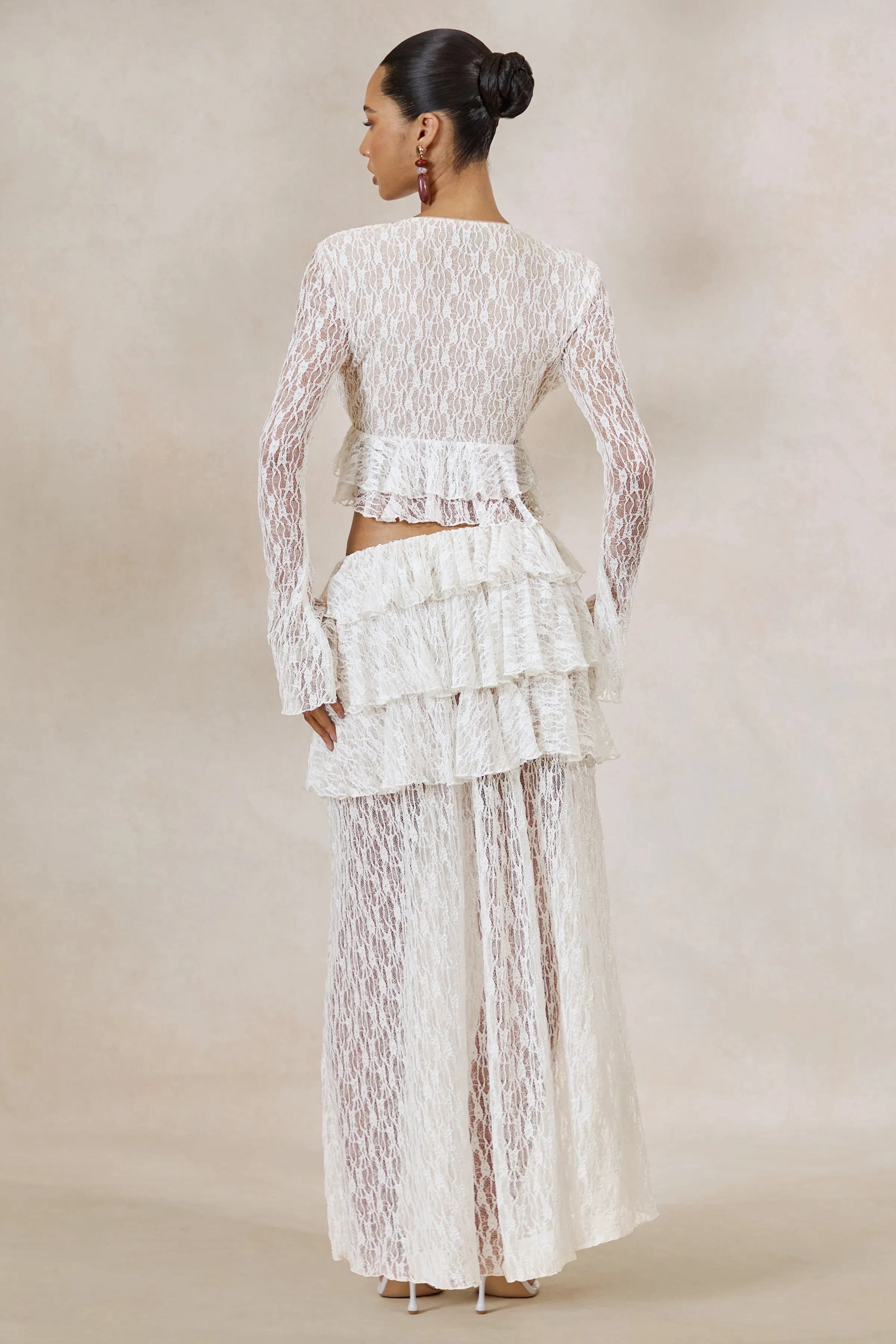 Astella | White Lace Asymmetric-Waist Maxi Skirt With Ruffled Detailing sold by Club L London product image thumbnail 4
