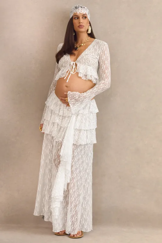 Astella | White Lace Asymmetric-Waist Maxi Skirt With Ruffled Detailing made by Club L London