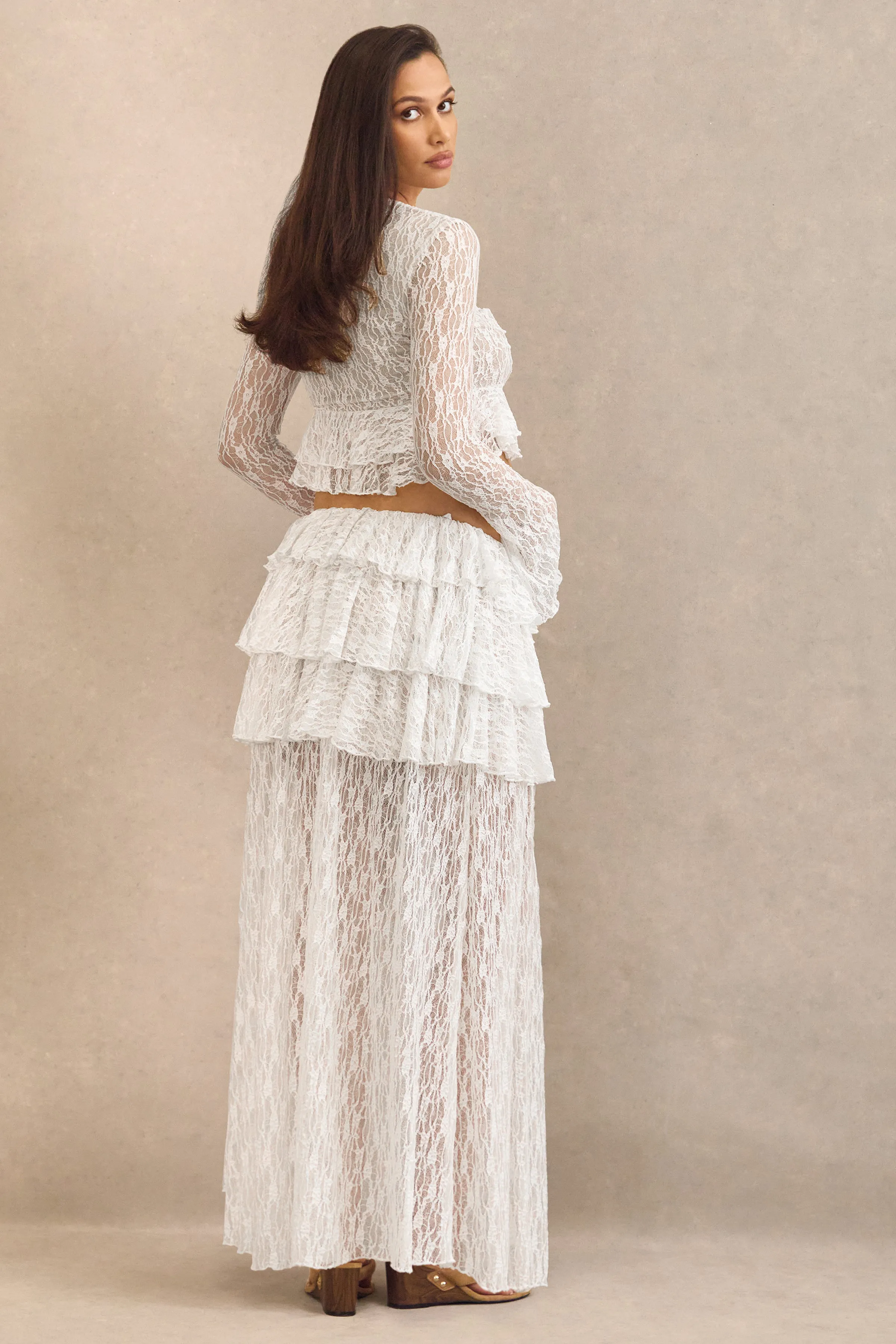 Astella | White Lace Asymmetric-Waist Maxi Skirt With Ruffled Detailing sold by Club L London product image thumbnail 3