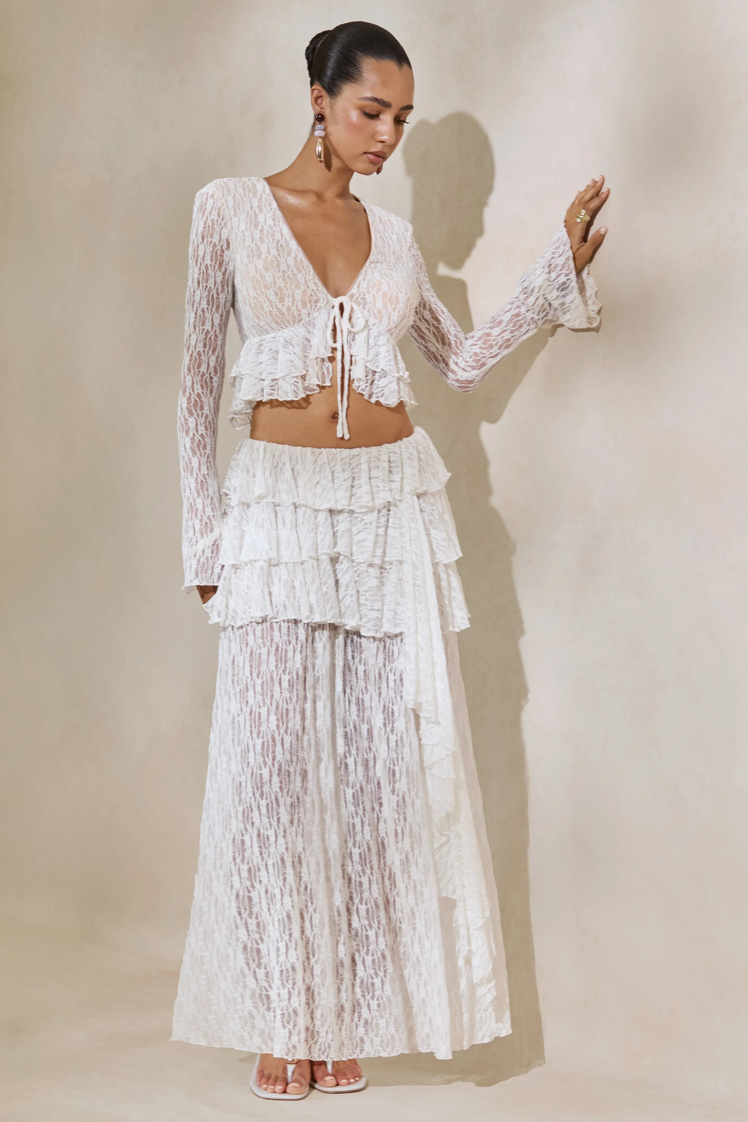 Astella | White Lace Asymmetric-Waist Maxi Skirt With Ruffled Detailing sold by Club L London product image thumbnail 2