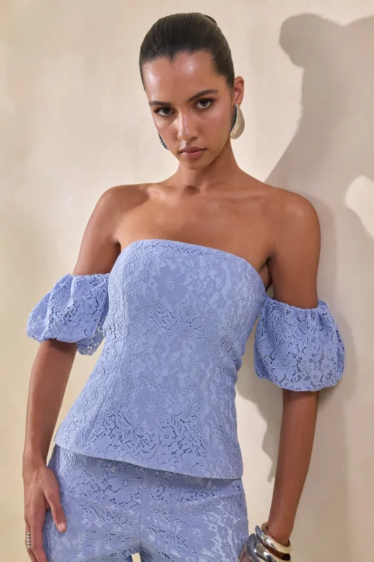 Raelle | Powder Blue Lace Bardot-Neck Top With Puff-Sleeves made by Club L London