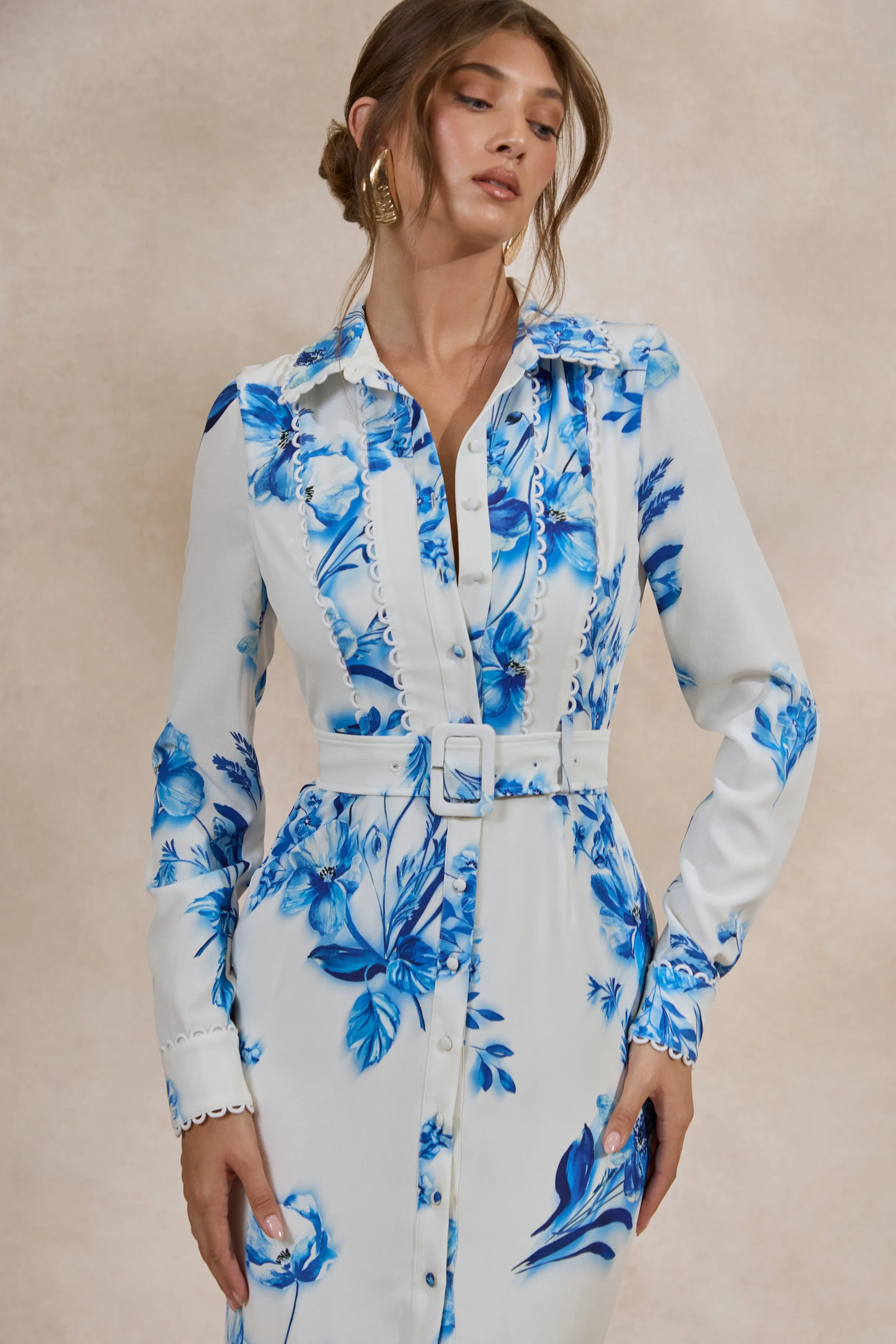 Zephy | Blue Floral Print Belted Shirt Midi Dress sold by Club L London product image thumbnail 5