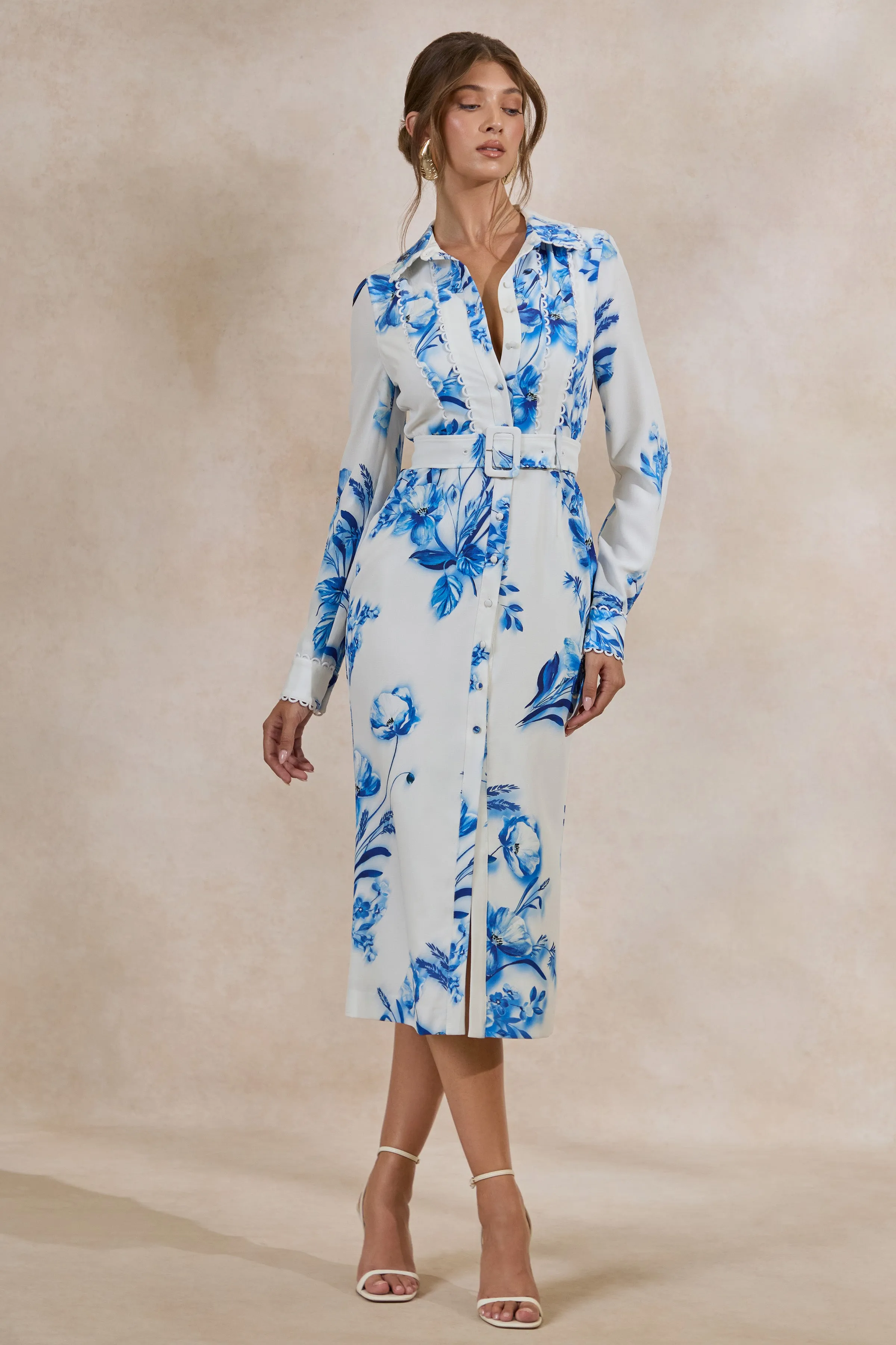 Zephy | Blue Floral Print Belted Shirt Midi Dress sold by Club L London product image thumbnail 2