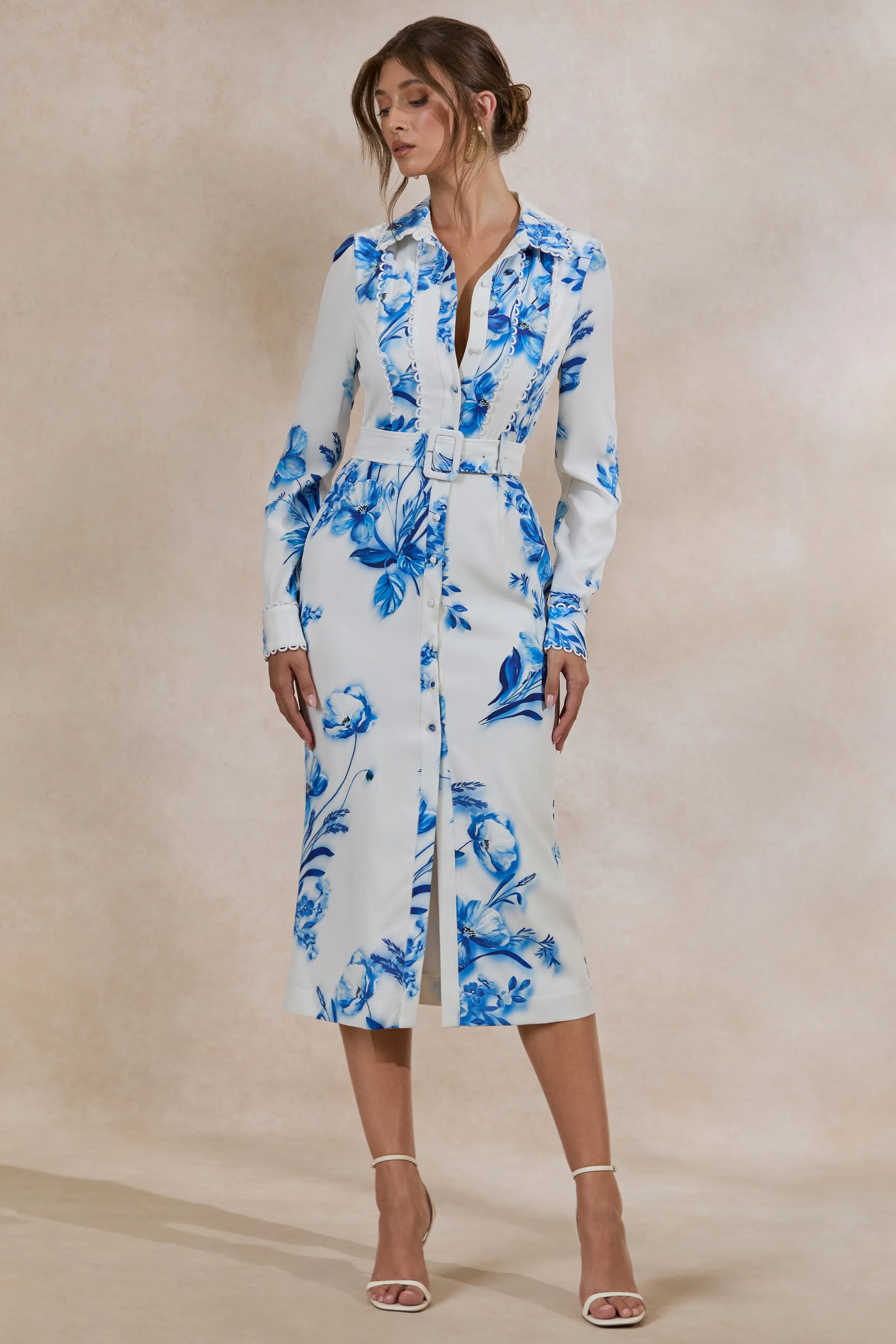 Zephy | Blue Floral Print Belted Shirt Midi Dress sold by Club L London product image thumbnail 4