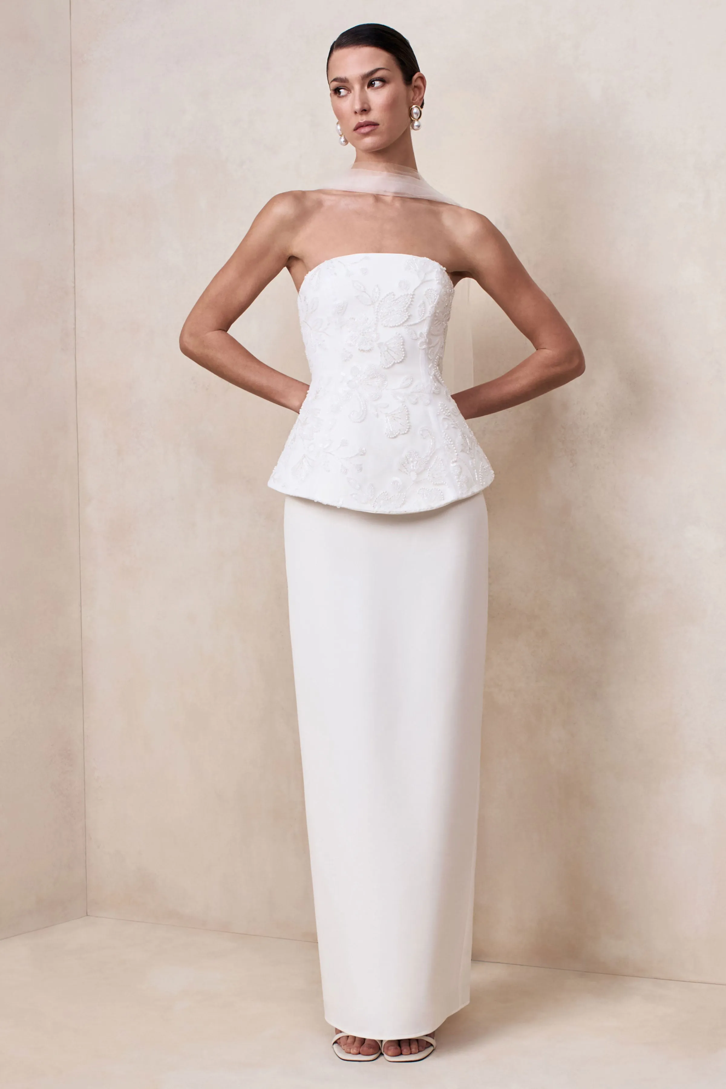 Naira | White Satin Bandeau Corset Maxi Dress With Sheer Scarf sold by Club L London product image thumbnail 5