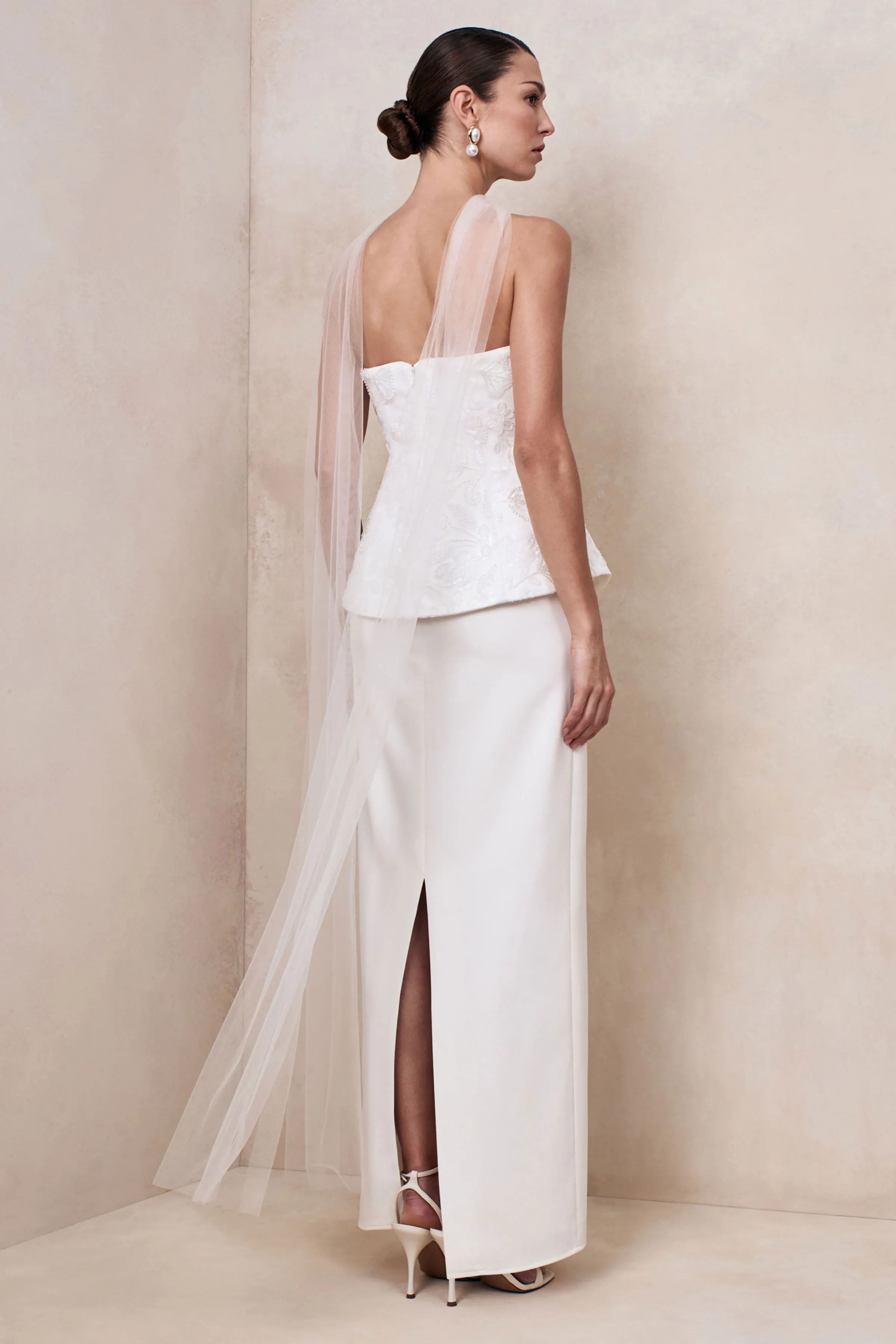 Naira | White Satin Bandeau Corset Maxi Dress With Sheer Scarf sold by Club L London product image thumbnail 2