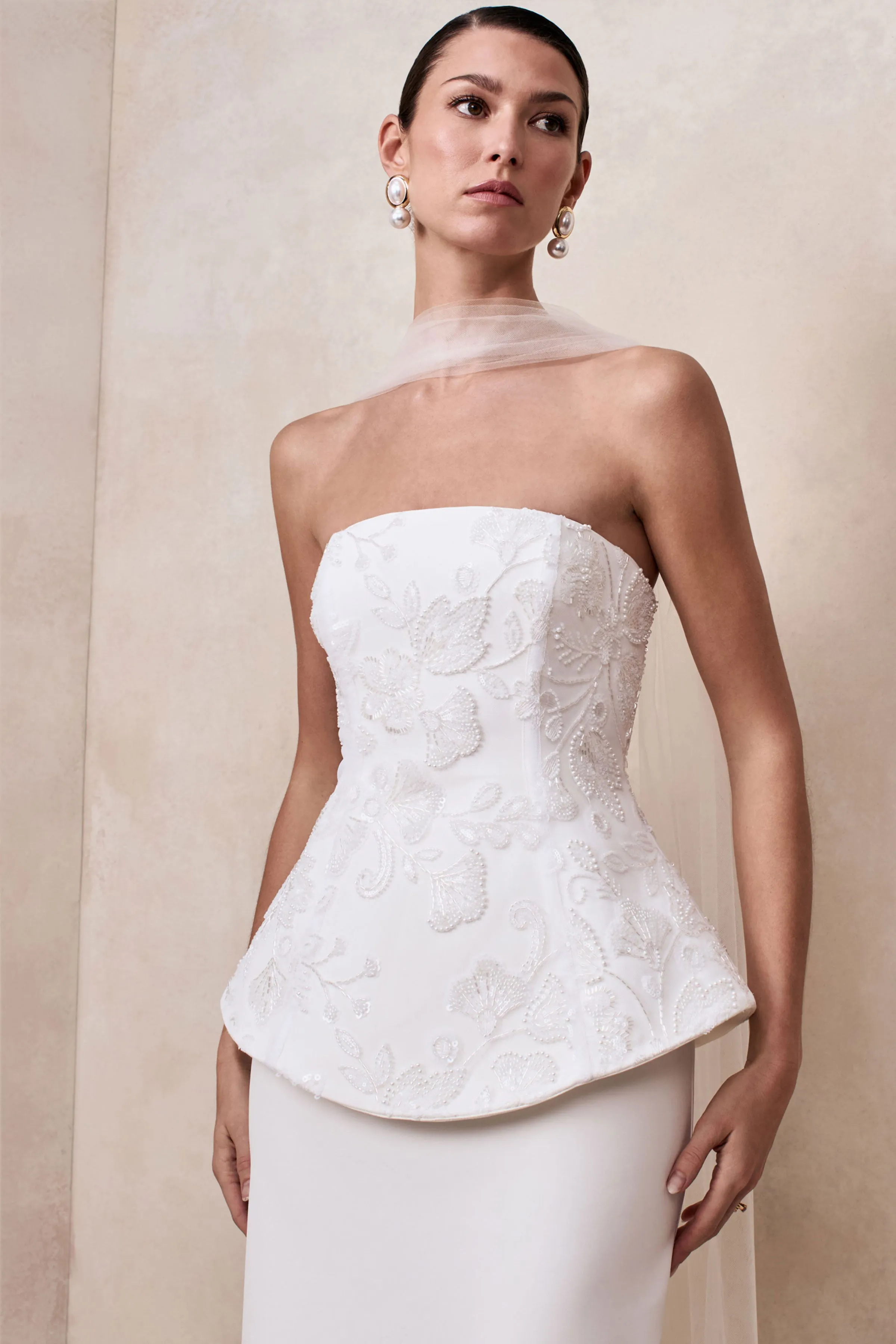 Naira | White Satin Bandeau Corset Maxi Dress With Sheer Scarf sold by Club L London product image thumbnail 3