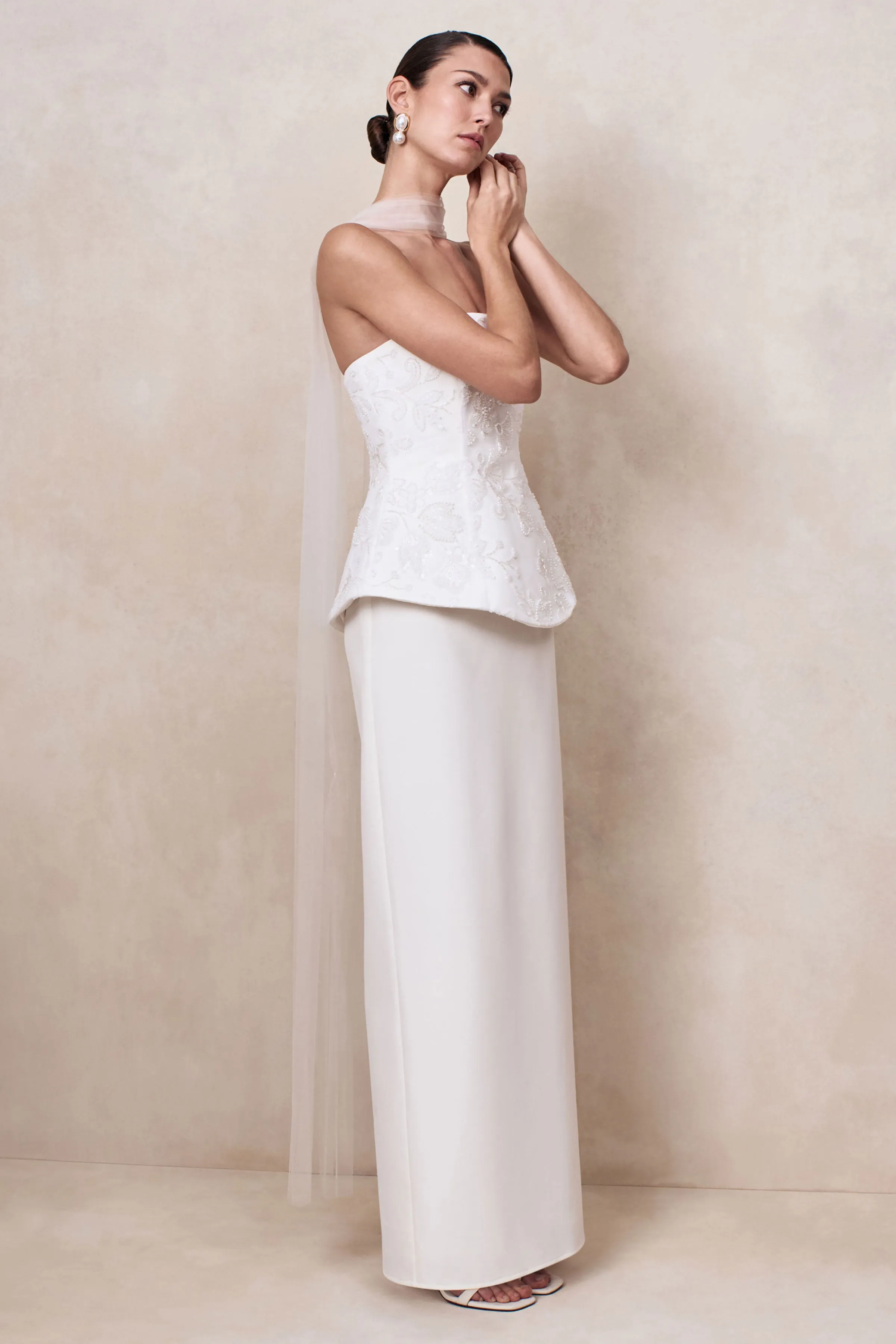 Naira | White Satin Bandeau Corset Maxi Dress With Sheer Scarf sold by Club L London product image thumbnail 4