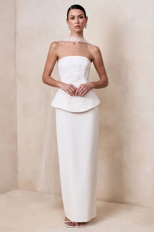 Naira | White Satin Bandeau Corset Maxi Dress With Sheer Scarf made by Club L London