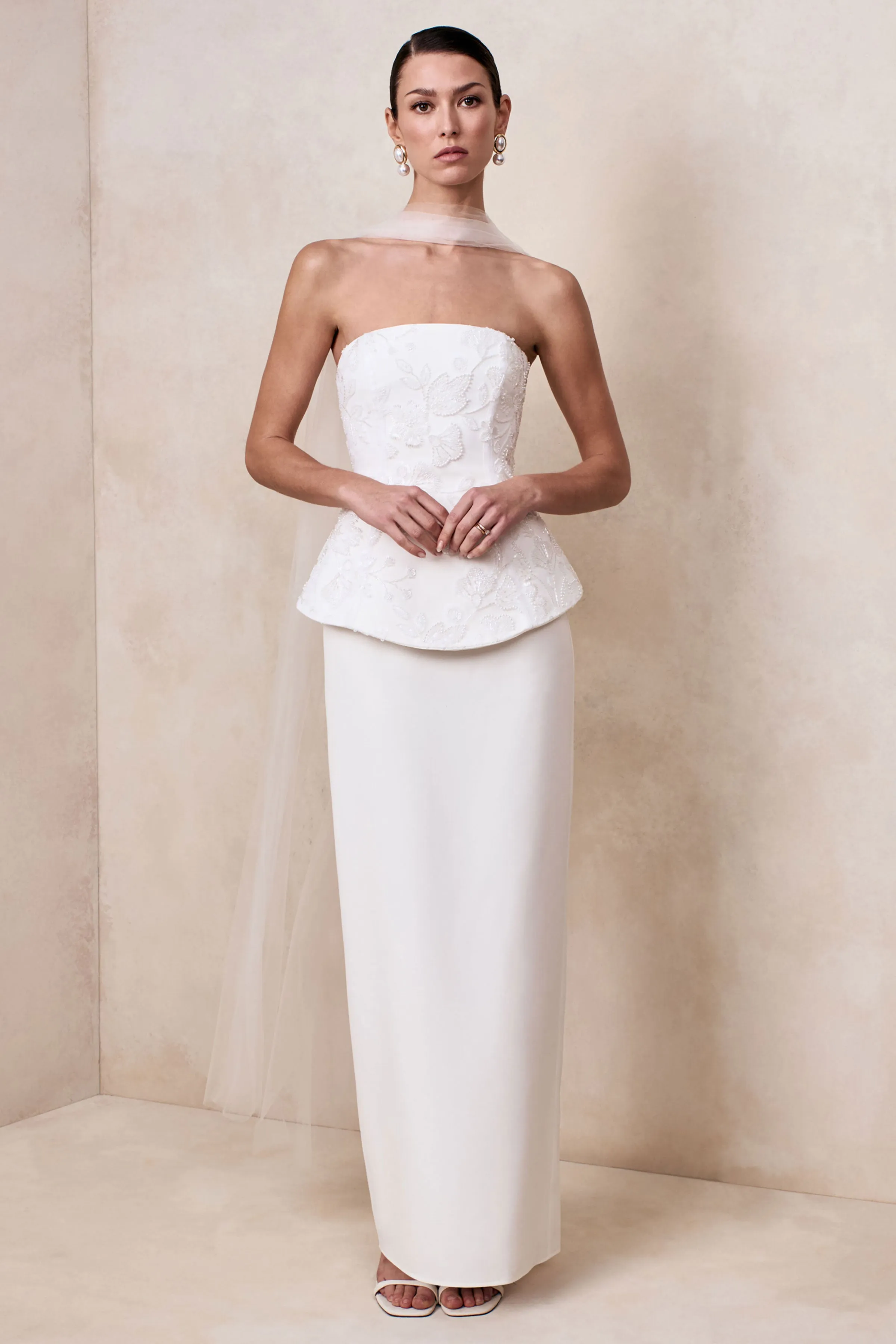 Naira | White Satin Bandeau Corset Maxi Dress With Sheer Scarf sold by Club L London