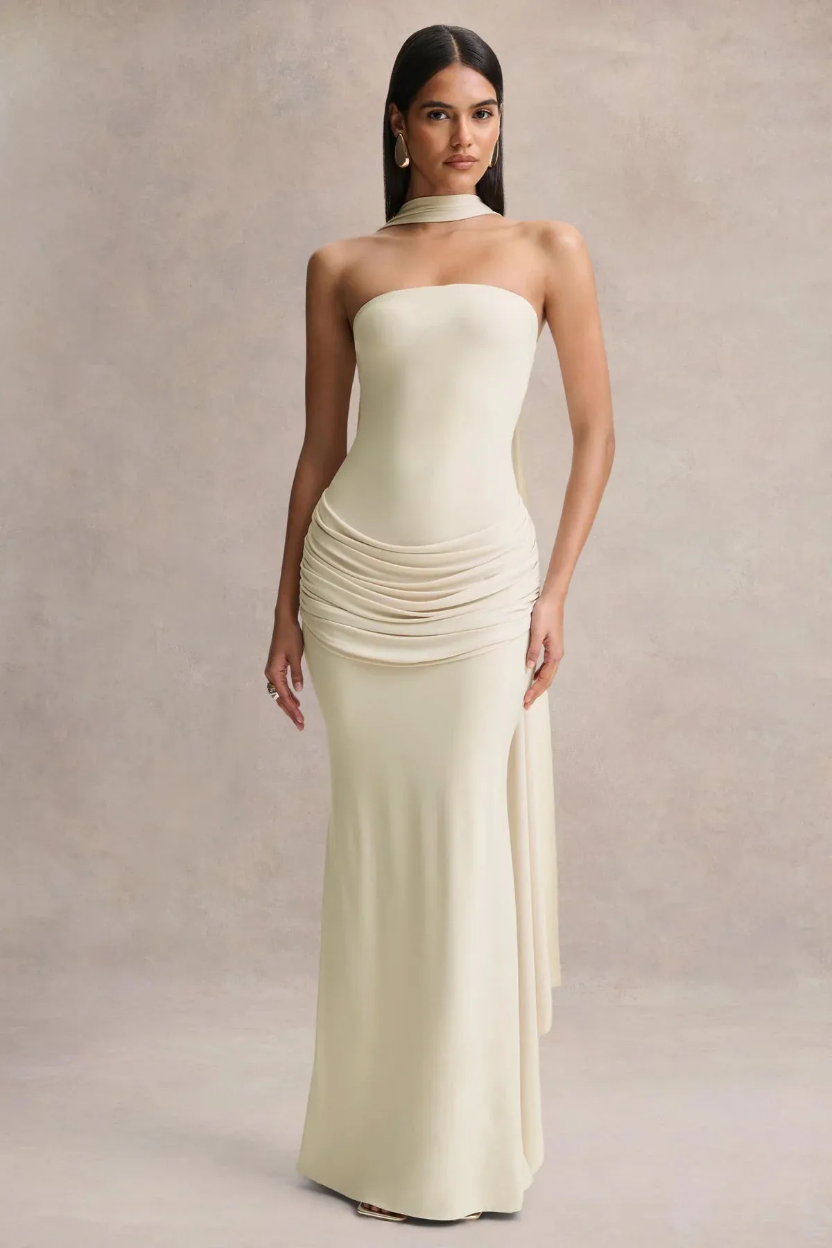 Graciella | Cream Bandeau Maxi Dress With Draped Detailing And Scarf sold by Club L London product image thumbnail 5