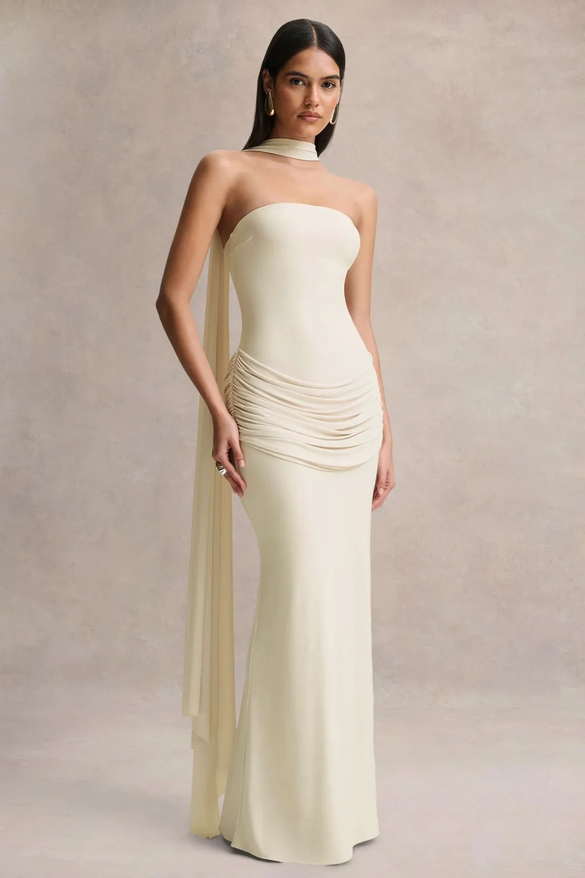 Graciella | Cream Bandeau Maxi Dress With Draped Detailing And Scarf sold by Club L London product image thumbnail 4