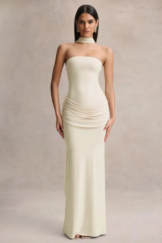 Graciella | Cream Bandeau Maxi Dress With Draped Detailing And Scarf made by Club L London
