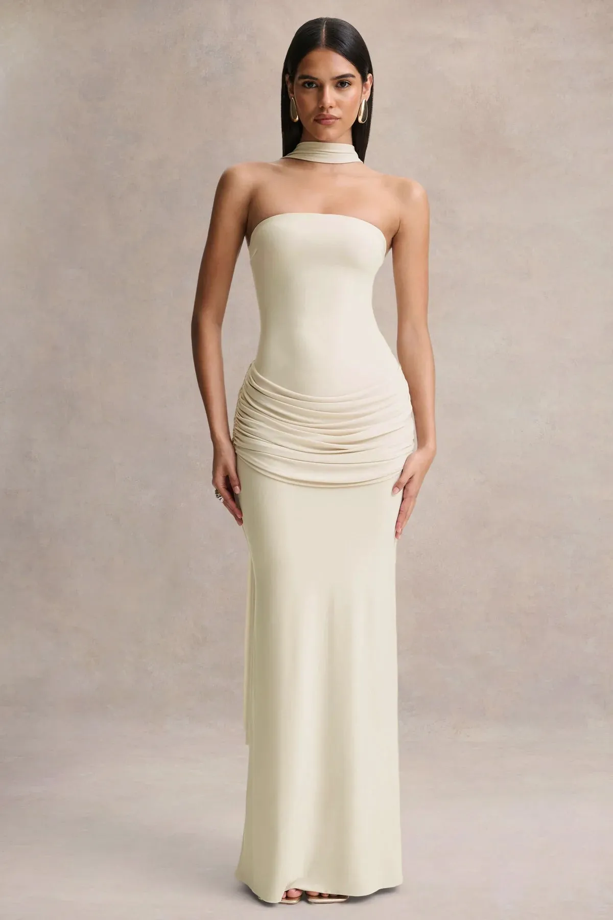 Graciella | Cream Bandeau Maxi Dress With Draped Detailing And Scarf sold by Club L London
