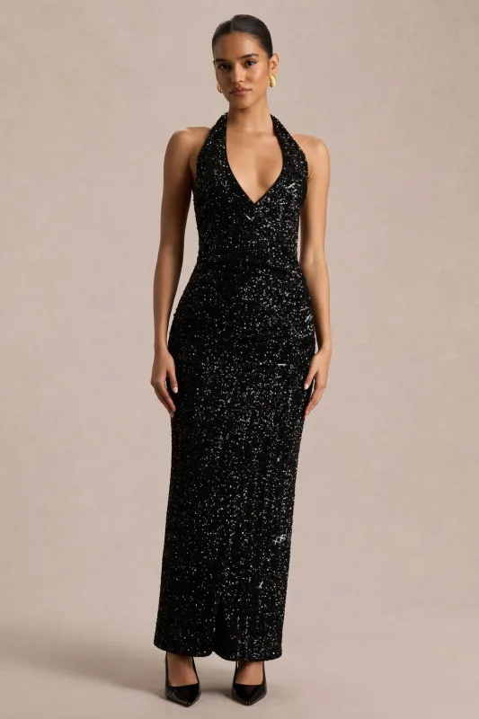 Gio | Black Sequin Plunge-Neck Wrap Maxi Dress With Ruched Detailing And Front Split made by Club L London