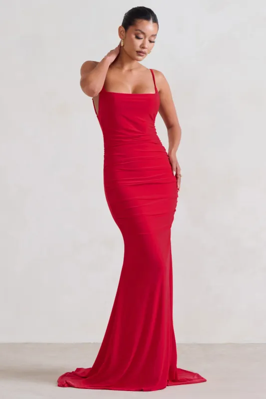 Adele | Red Ruched Fishtail Cami Maxi Dress sold by Club L London