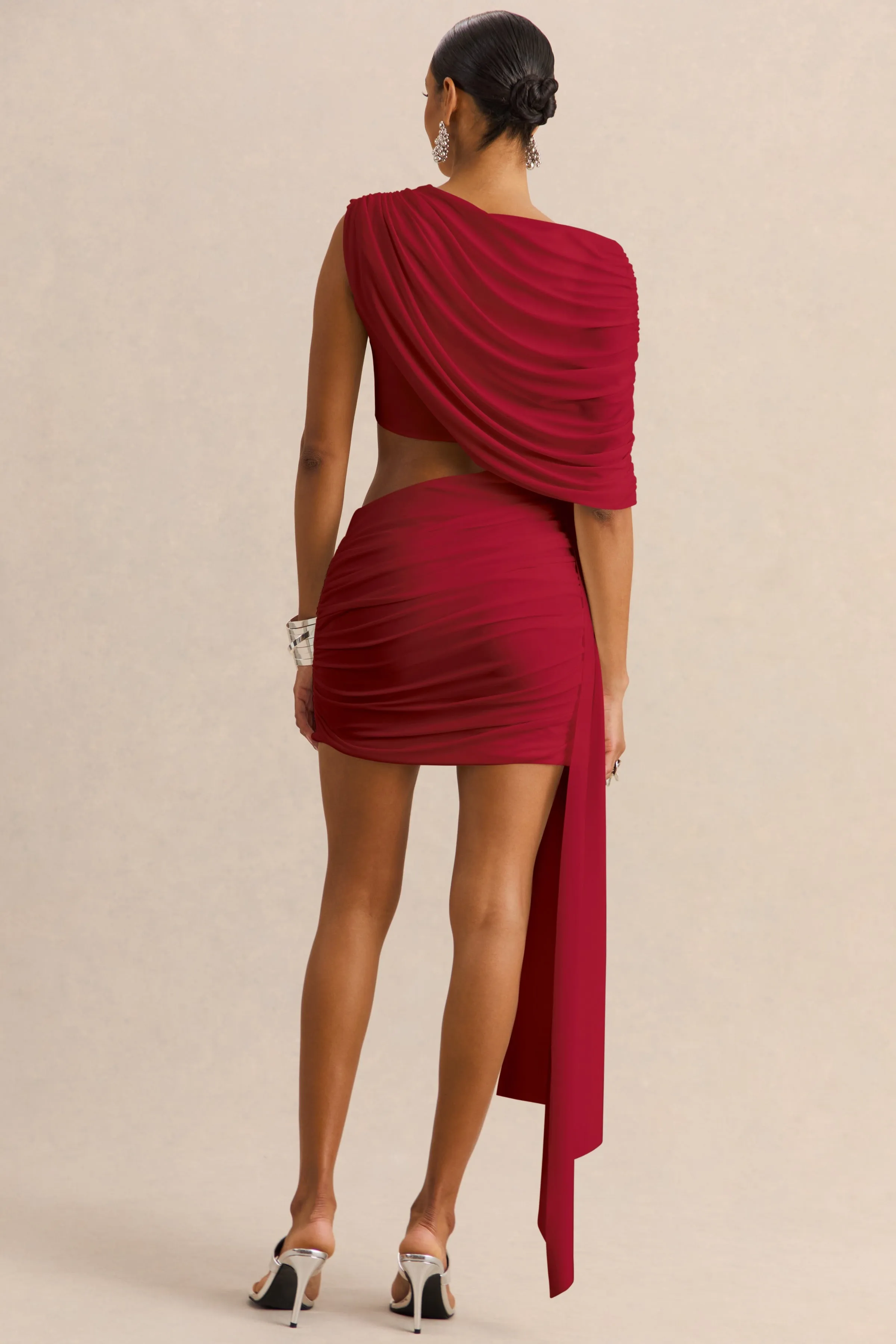 Danellia | Red Asymmetric-Neck Mini Dress With Cut-Out Detail And Sash sold by Club L London product image thumbnail 5