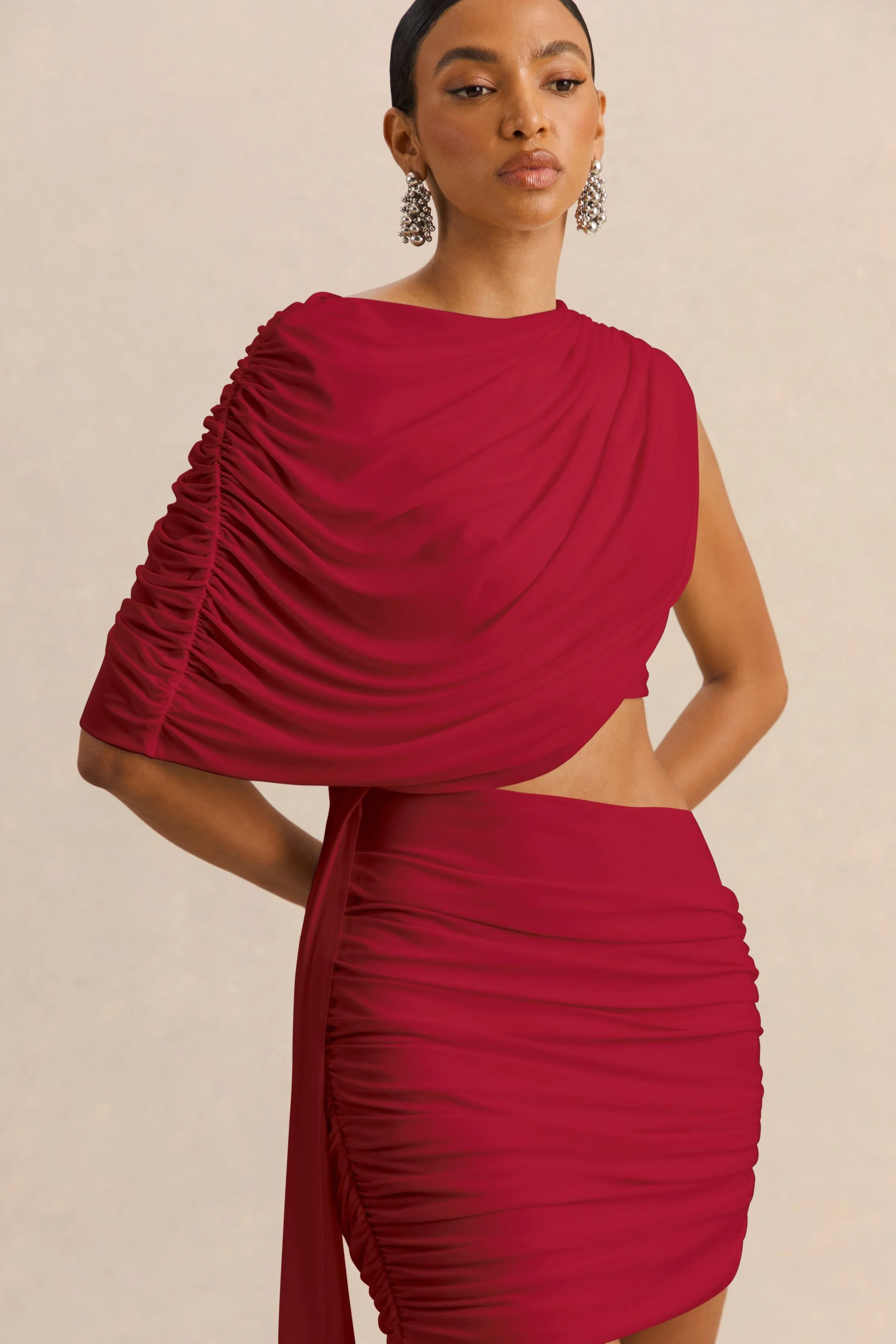 Danellia | Red Asymmetric-Neck Mini Dress With Cut-Out Detail And Sash sold by Club L London product image thumbnail 3