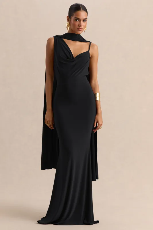 Armelia | Black Cowl-Neck Maxi Dress With Scarf-Detail made by Club L London