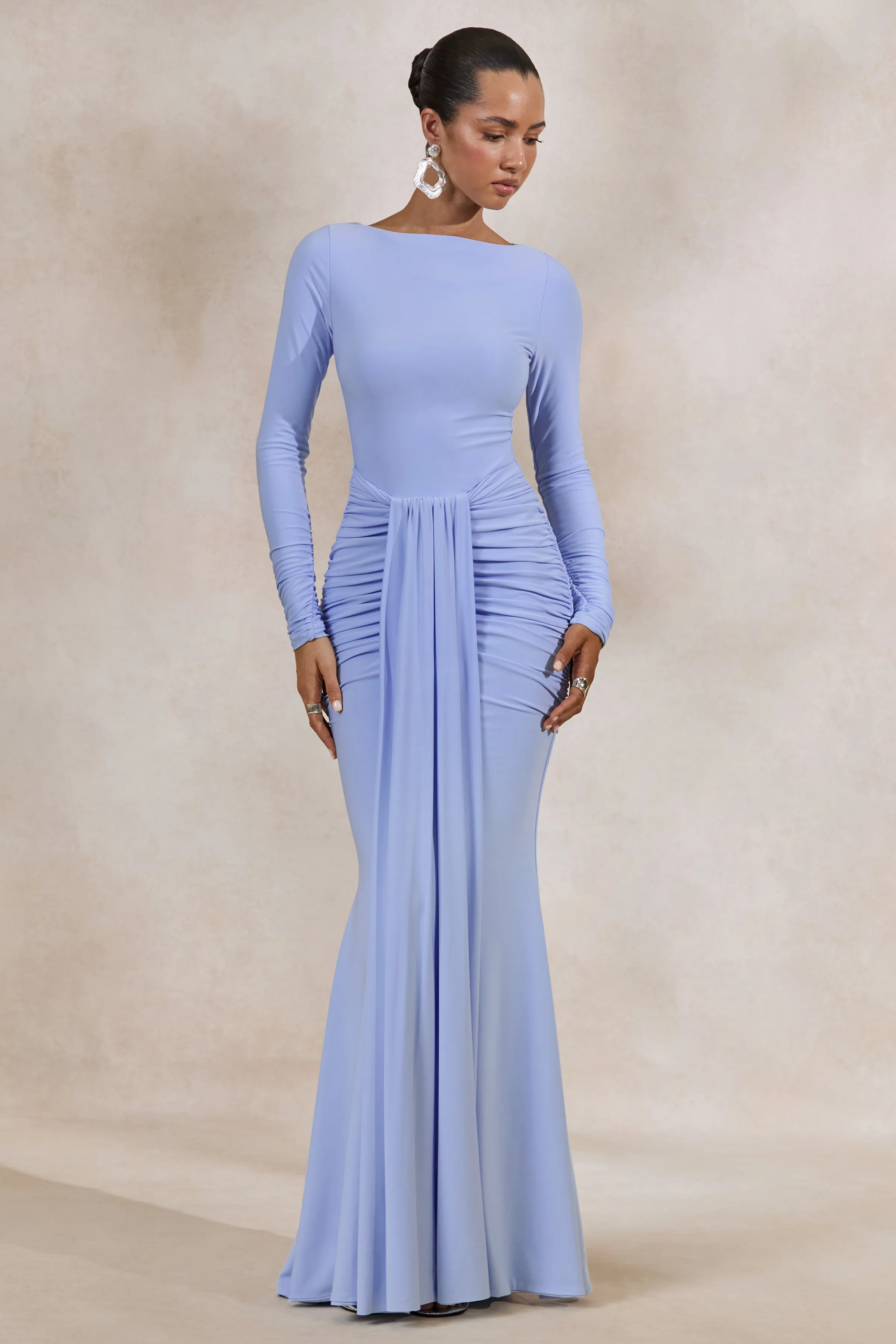 Liatris | Light Blue Wide-Neck Maxi-Dress With Gathered-Detailing sold by Club L London