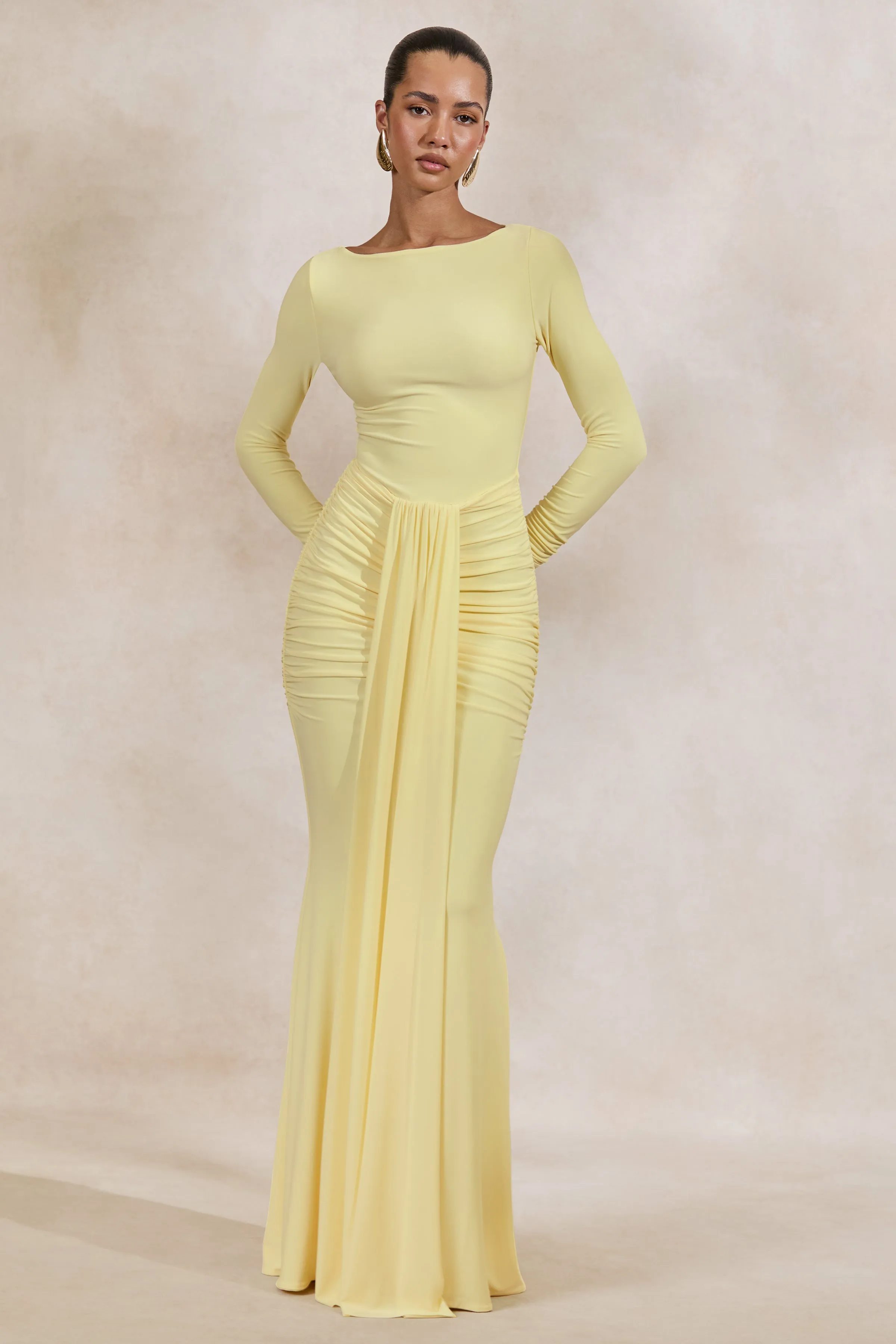 Liatris | Lemon Wide-Neck Maxi-Dress With Gathered-Detailing sold by Club L London