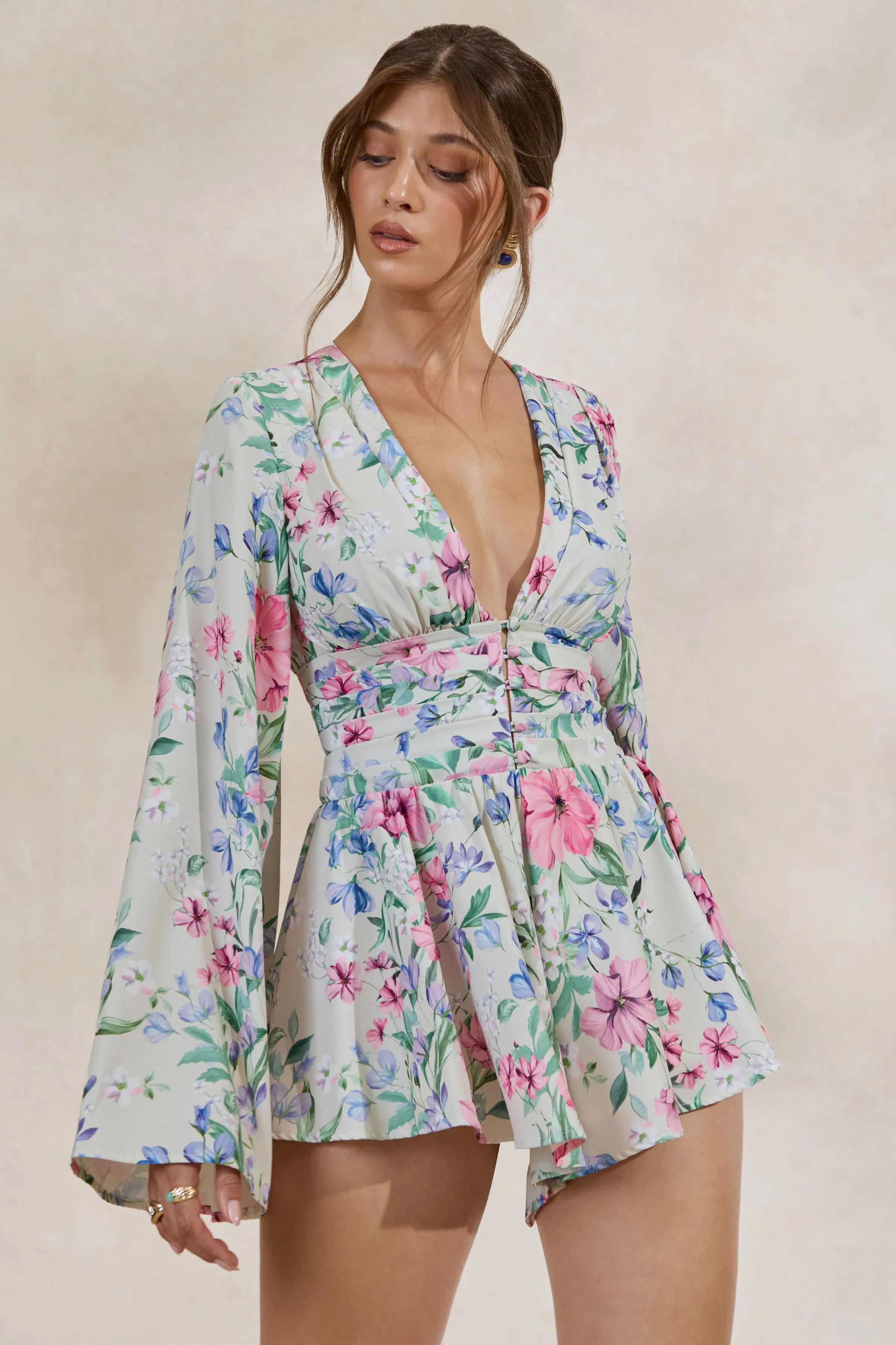Kismet | Cream Floral Print Plunge-Neck Romper With Bell Sleeves sold by Club L London product image thumbnail 3