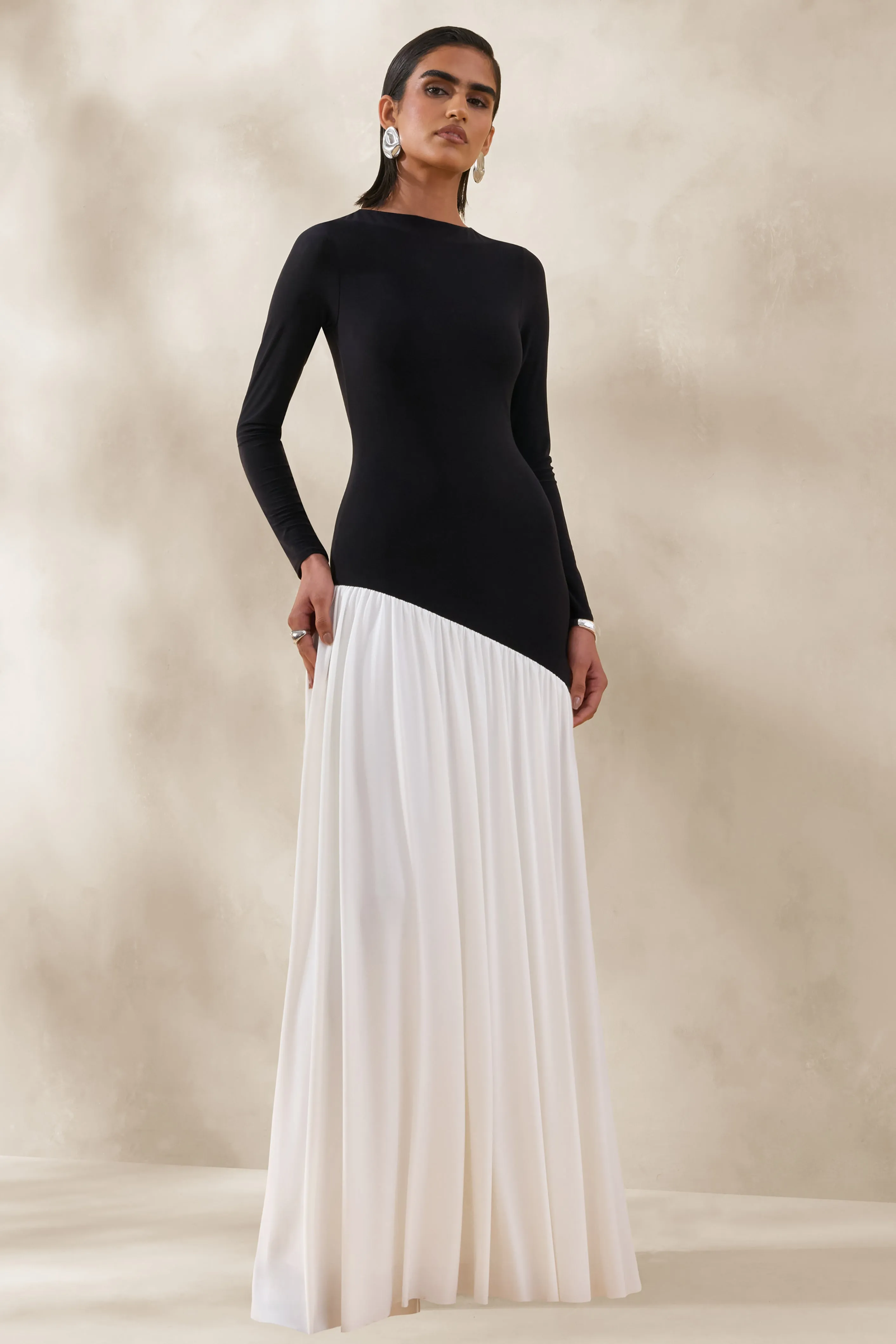Jasira | Black & White Slashed-Neck Maxi Dress With Asymmetric Drop-Waist sold by Club L London product image thumbnail 5