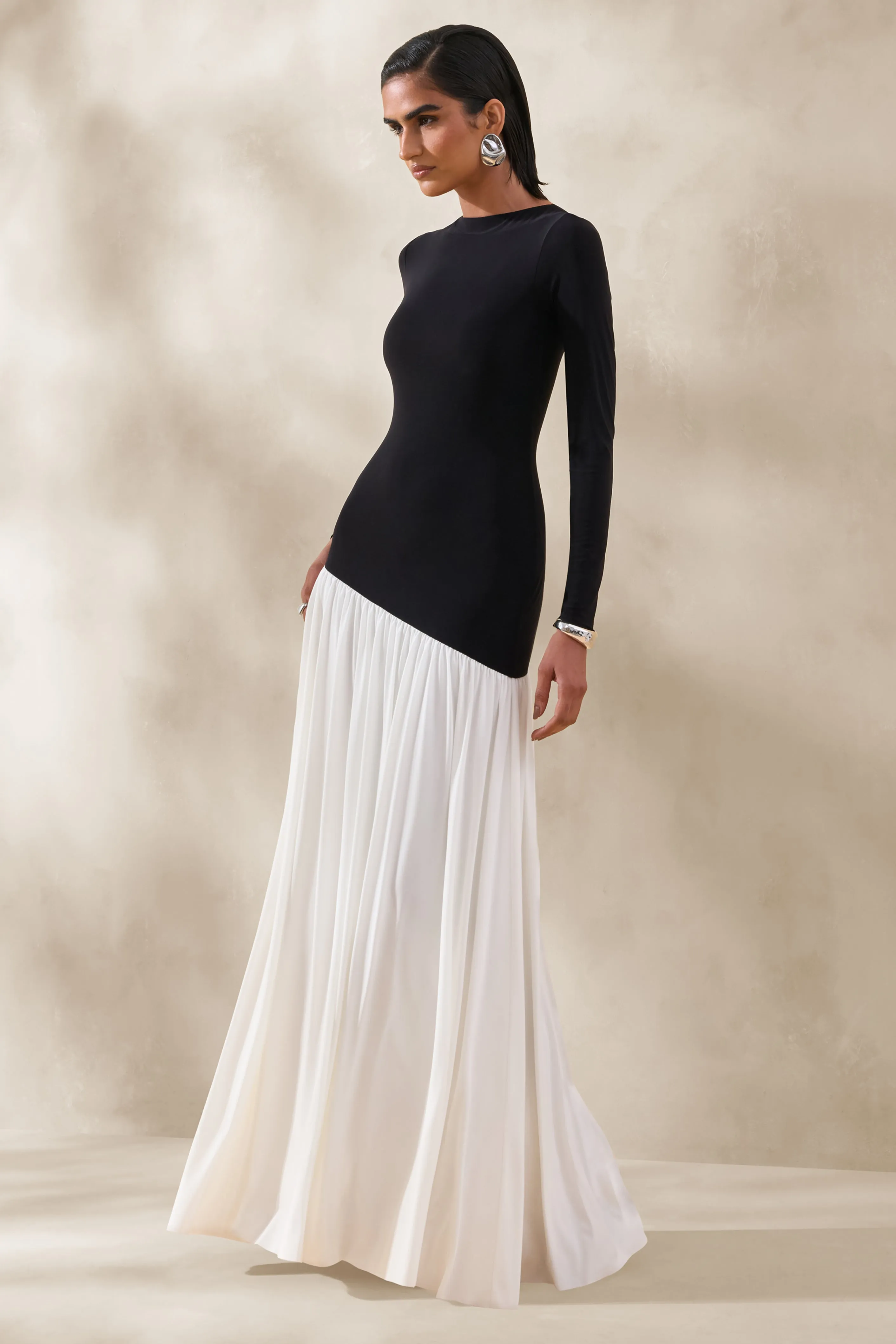 Jasira | Black & White Slashed-Neck Maxi Dress With Asymmetric Drop-Waist sold by Club L London product image thumbnail 4