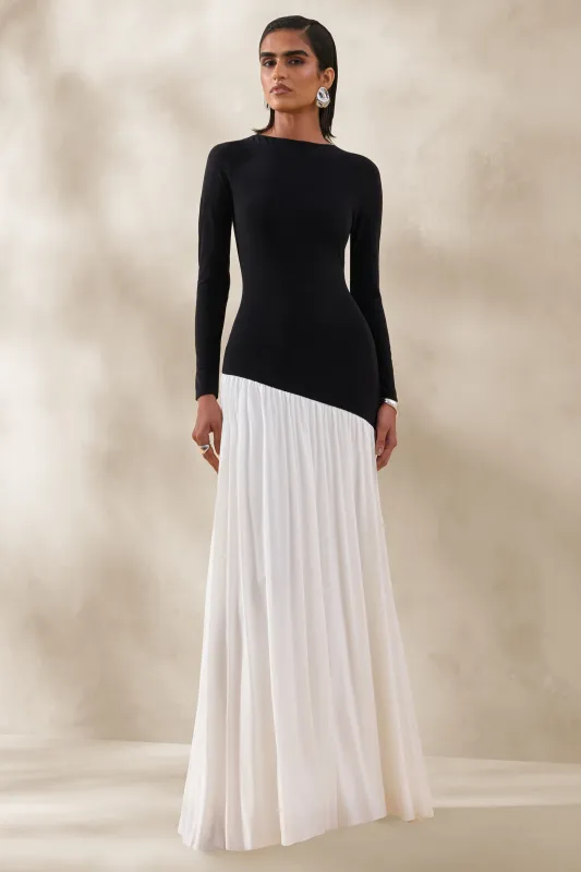 Jasira | Black & White Slashed-Neck Maxi Dress With Asymmetric Drop-Waist made by Club L London