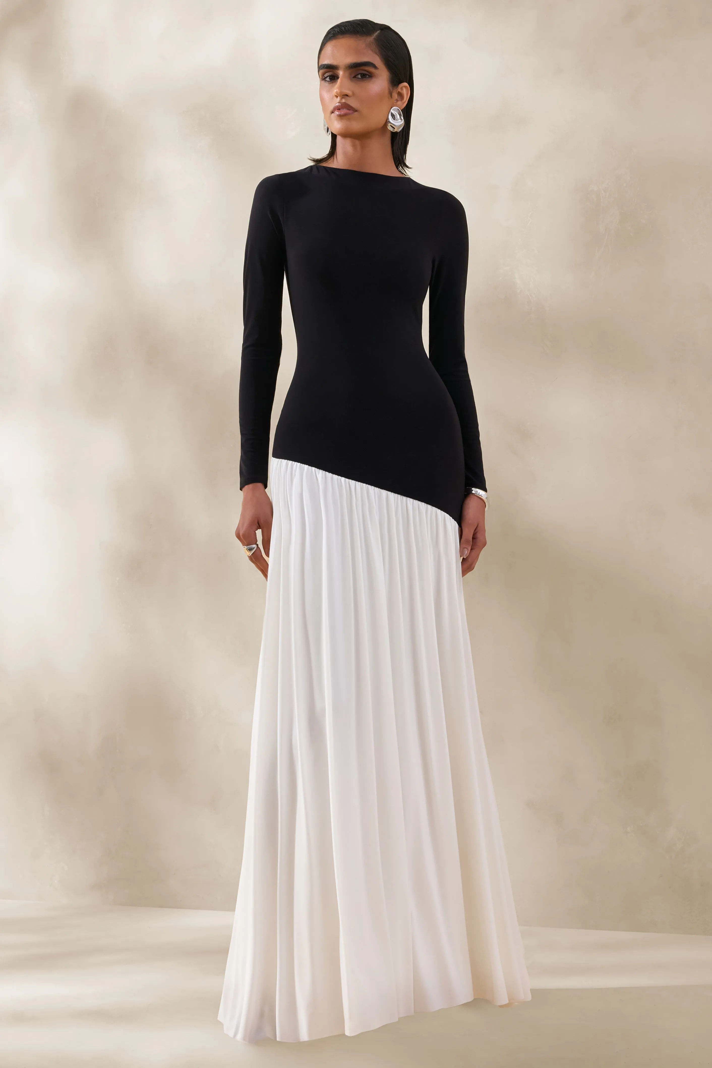 Jasira | Black & White Slashed-Neck Maxi Dress With Asymmetric Drop-Waist sold by Club L London