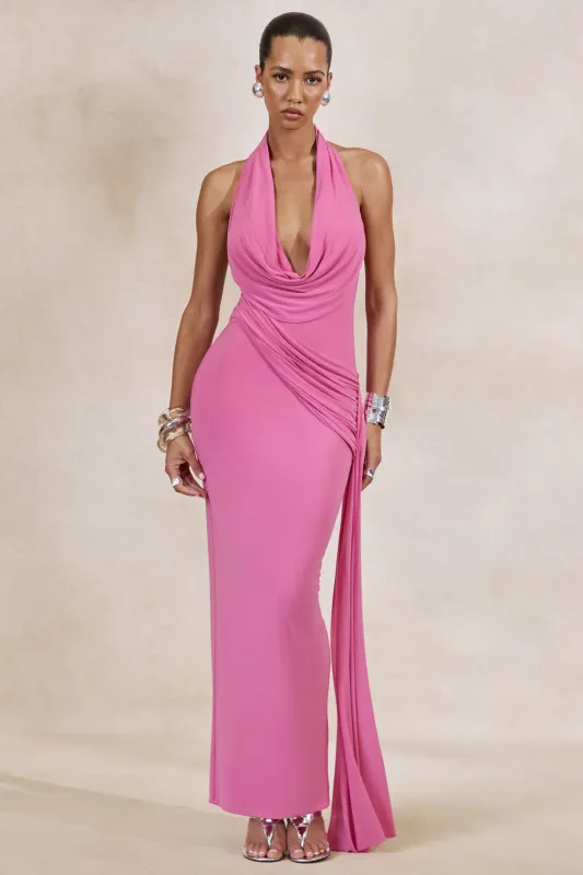 Maude | Pink Plunge-Neck Ruched Maxi Dress With Sash made by Club L London