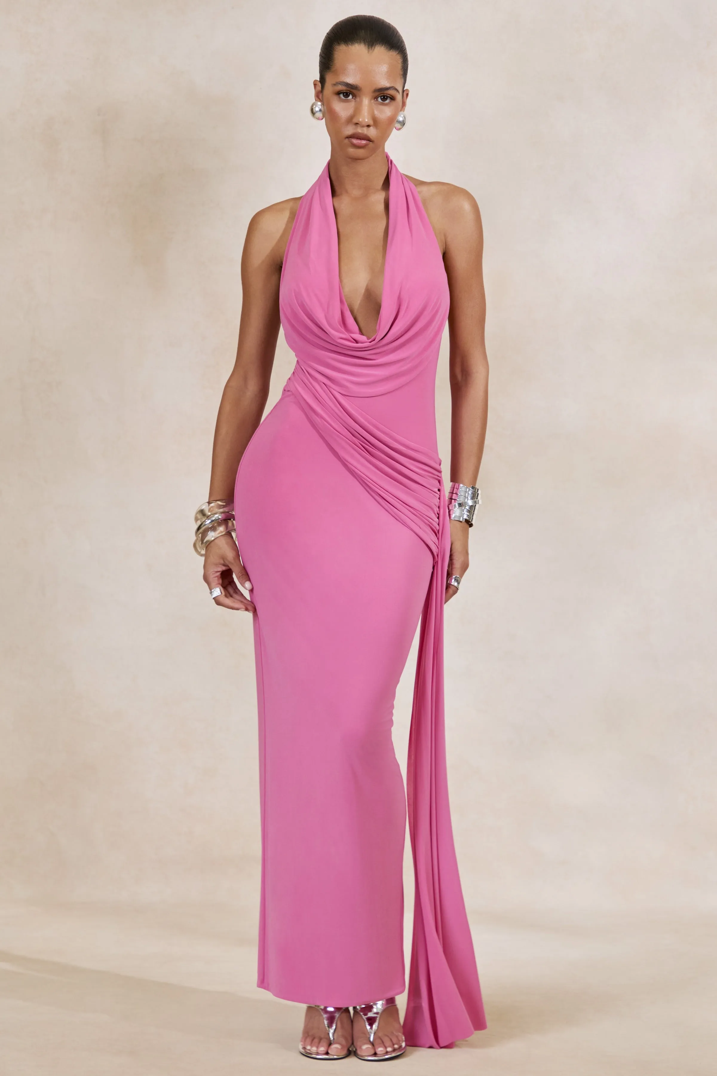Maude | Pink Plunge-Neck Ruched Maxi Dress With Sash sold by Club L London
