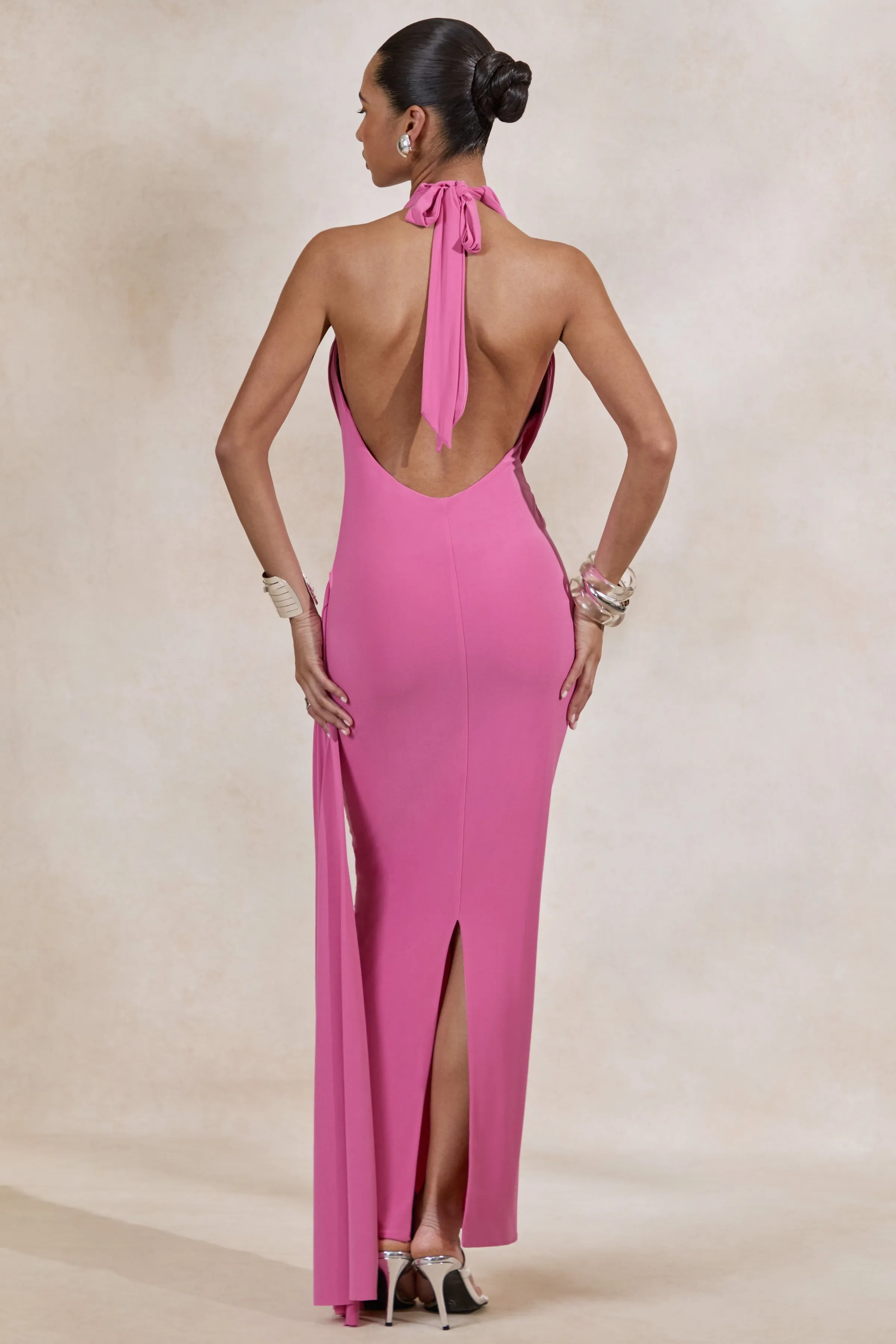 Maude | Pink Plunge-Neck Ruched Maxi Dress With Sash sold by Club L London product image thumbnail 2