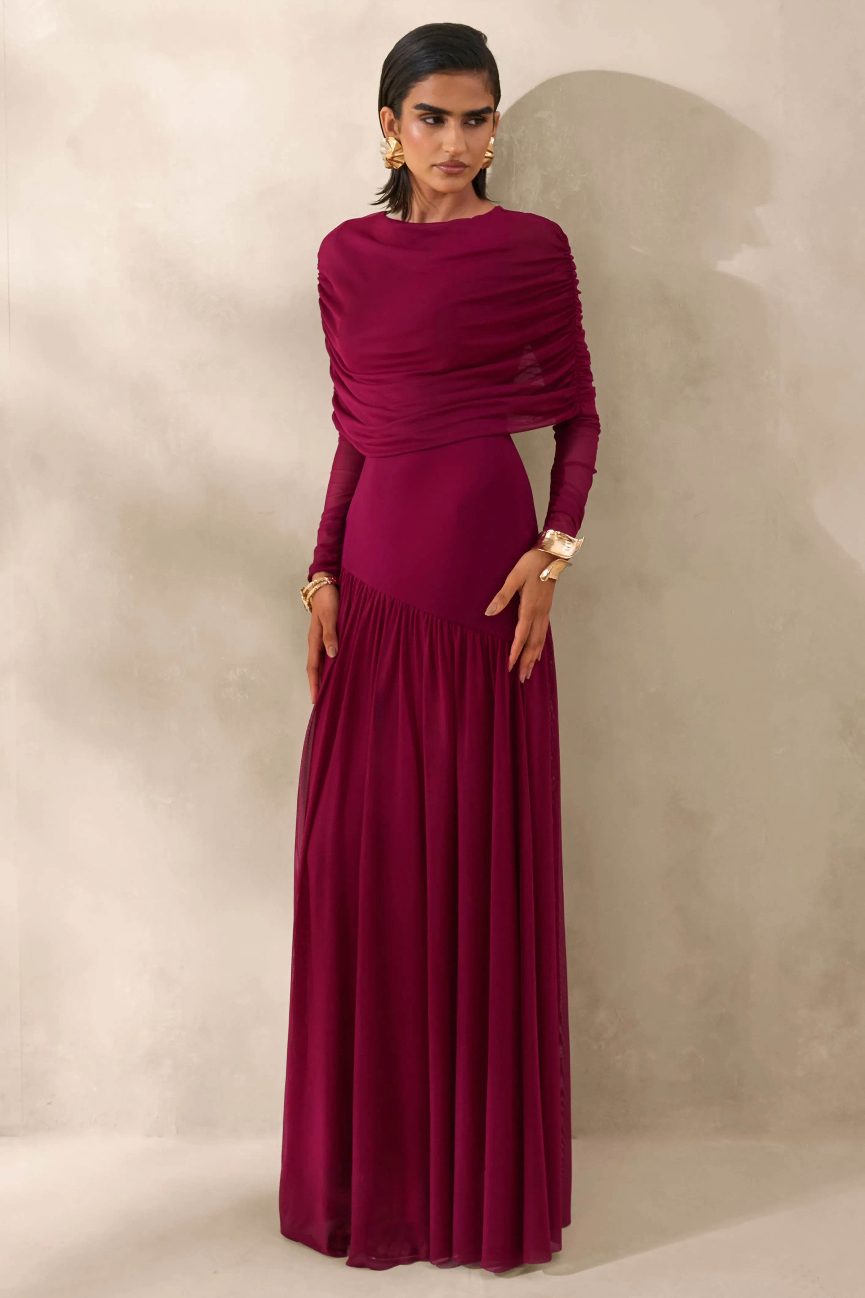 Enalia | Burgundy Mesh High-Neck Maxi Dress With Short-Cape sold by Club L London product image thumbnail 4