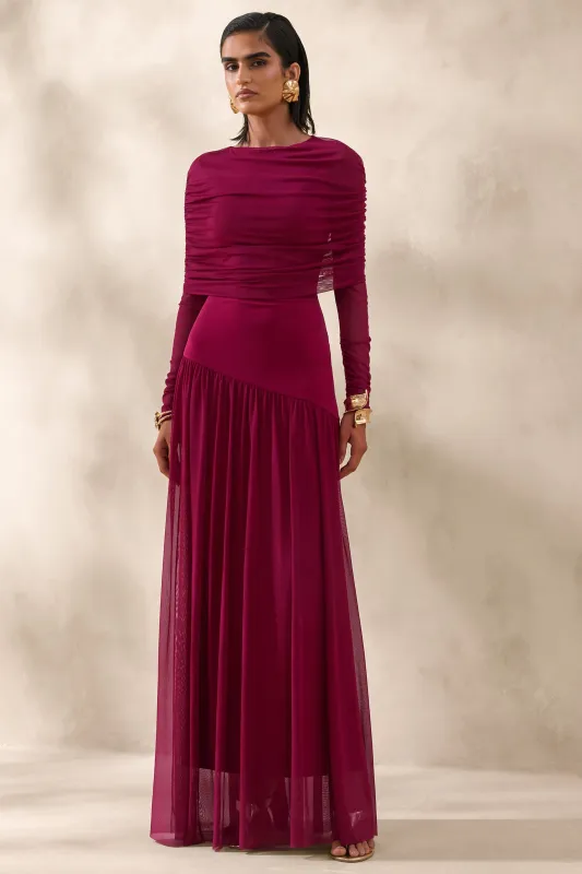 Enalia | Burgundy Mesh High-Neck Maxi Dress With Short-Cape made by Club L London
