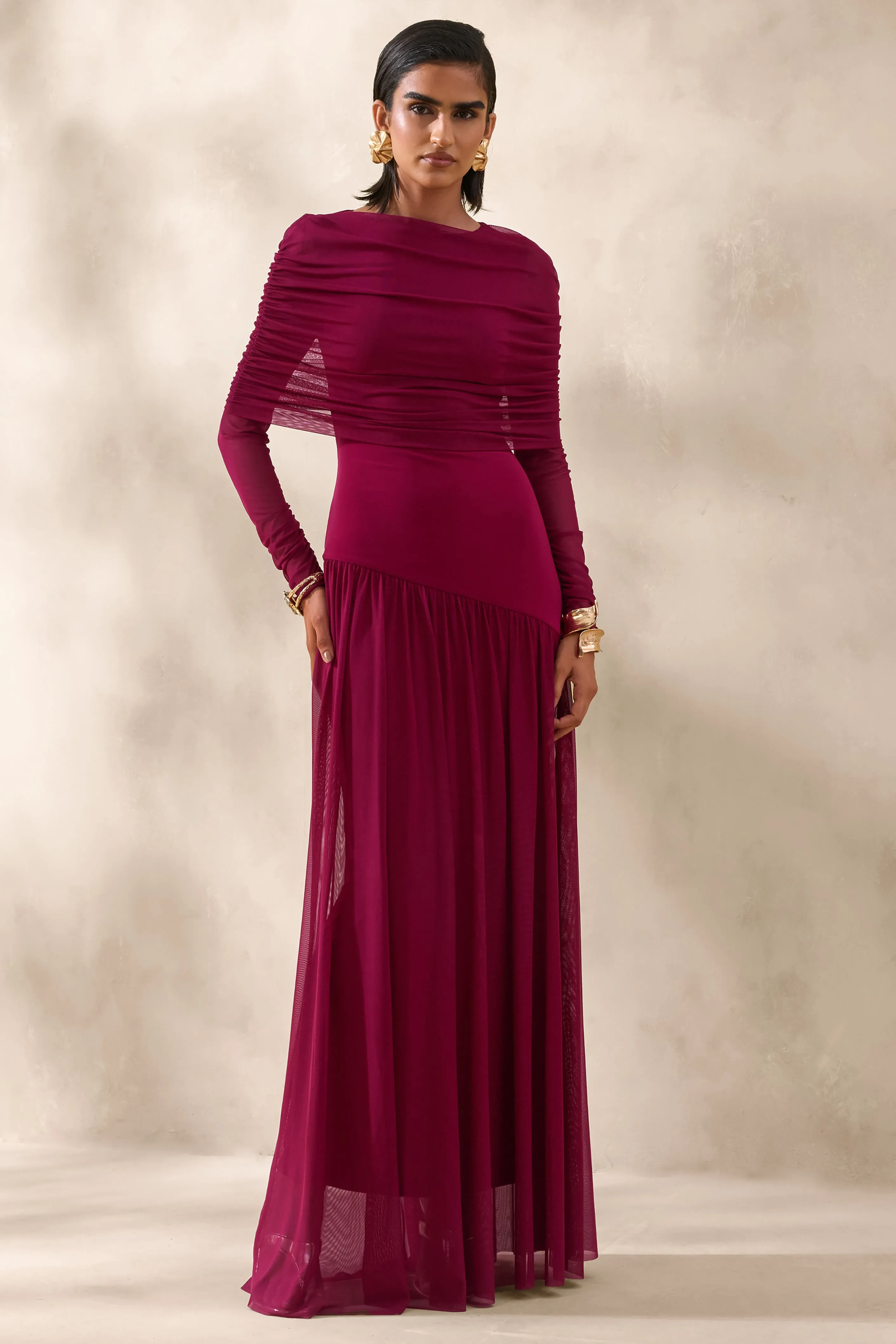 Enalia | Burgundy Mesh High-Neck Maxi Dress With Short-Cape sold by Club L London product image thumbnail 5