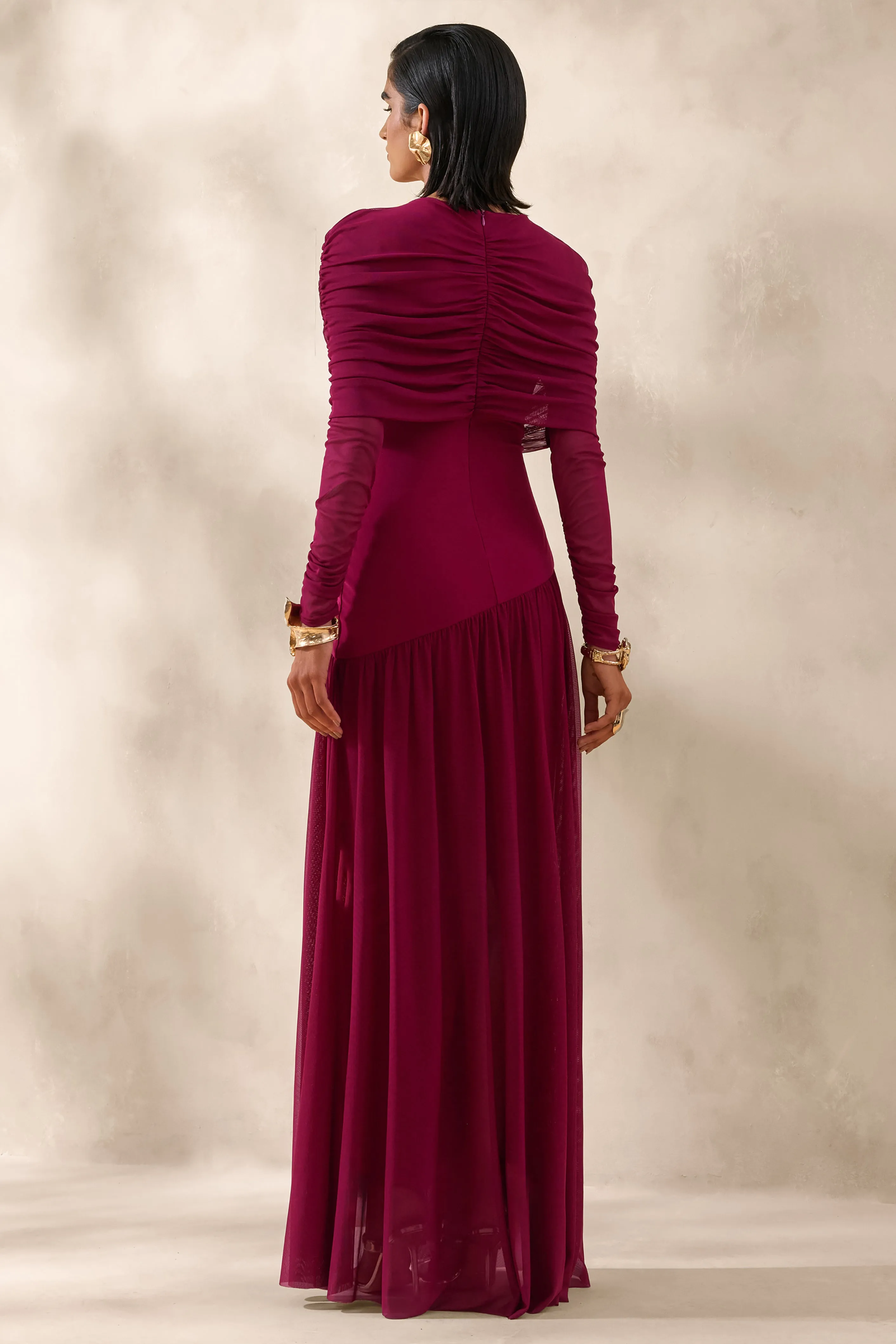 Enalia | Burgundy Mesh High-Neck Maxi Dress With Short-Cape sold by Club L London product image thumbnail 2