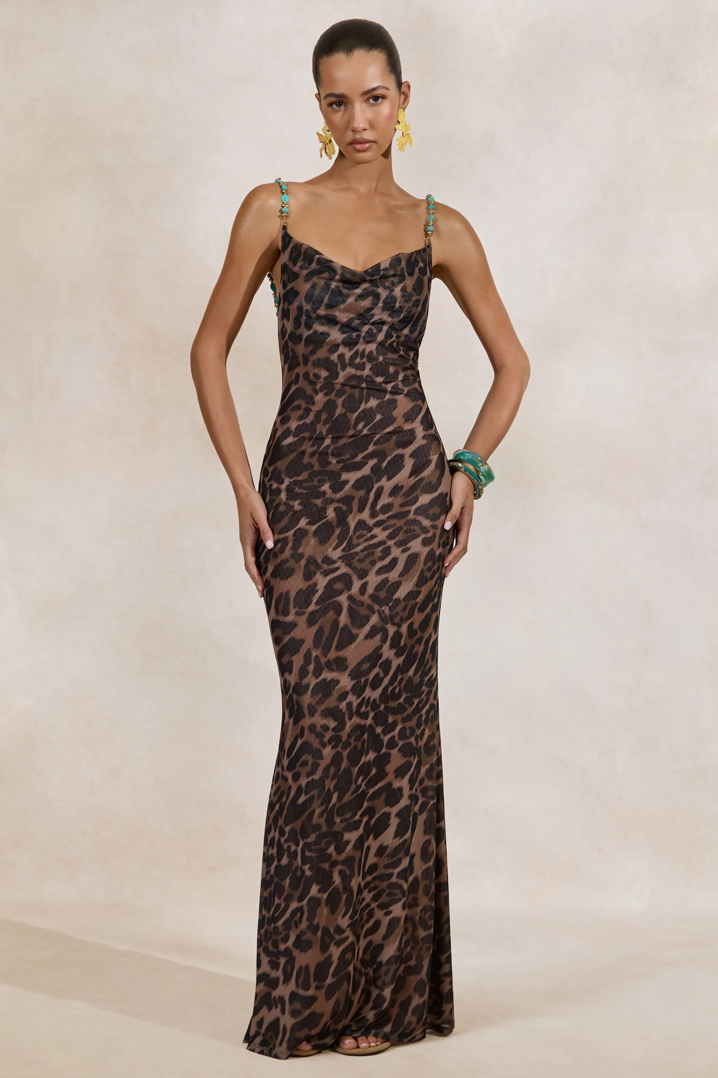 Silvana | Leopard Print Mesh Cowl-Neck Maxi Dress sold by Club L London product image thumbnail 4
