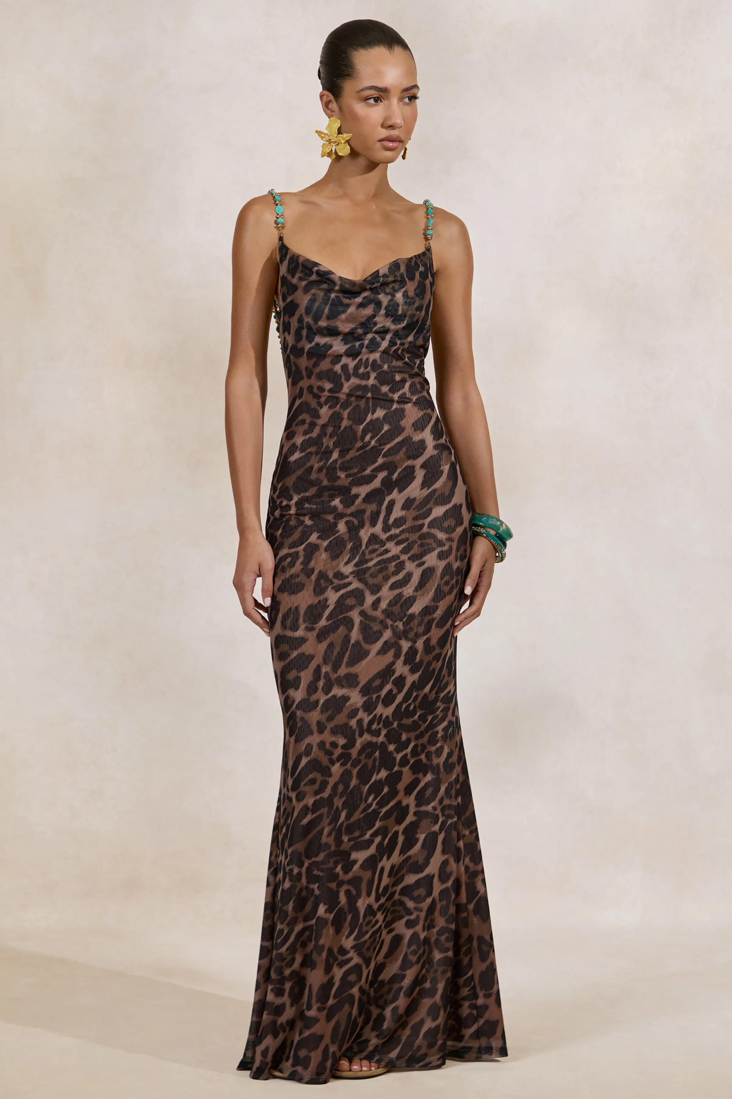 Silvana | Leopard Print Mesh Cowl-Neck Maxi Dress sold by Club L London product image thumbnail 2