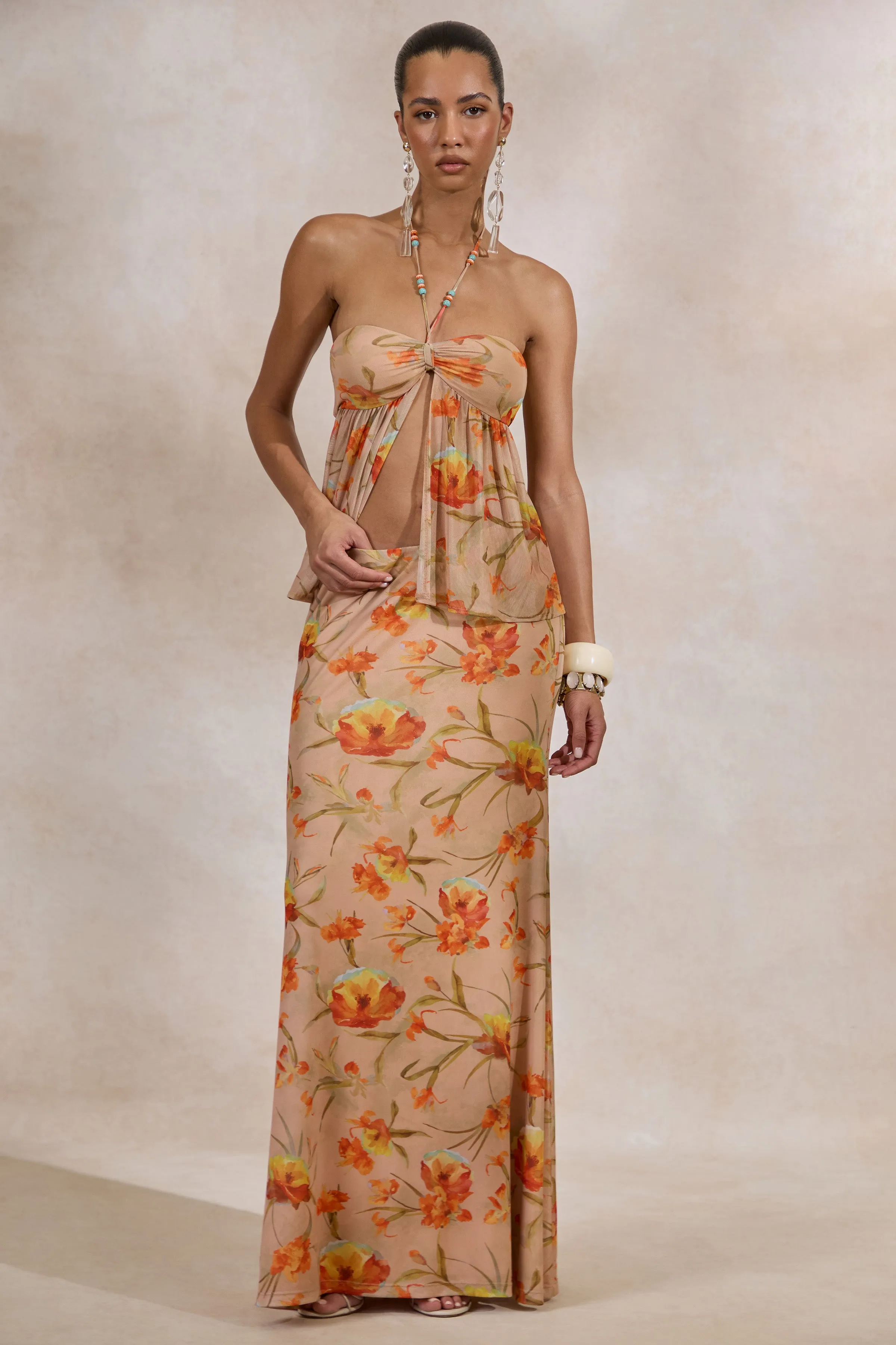 Flaviah | Orange Floral Print Mesh Maxi Skirt sold by Club L London product image thumbnail 3