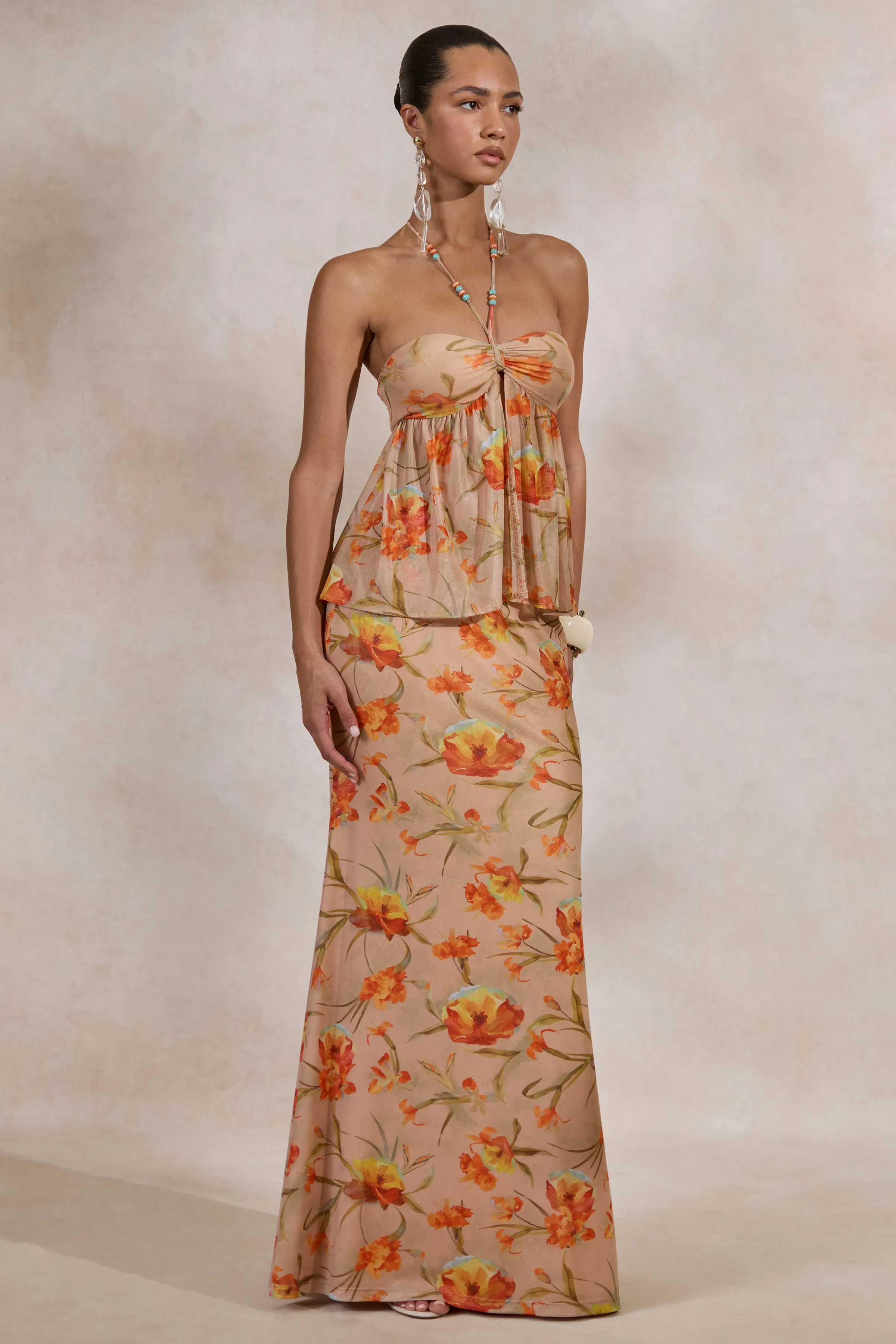 Flaviah | Orange Floral Print Mesh Maxi Skirt sold by Club L London product image thumbnail 4