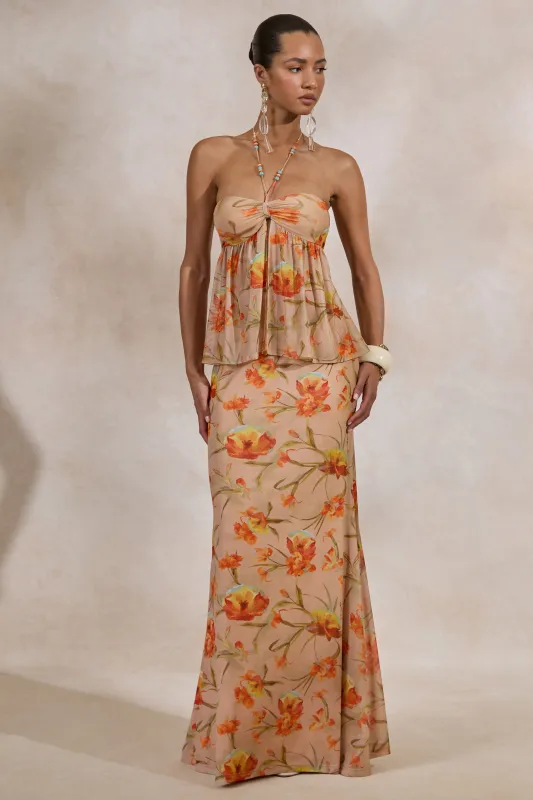 Flaviah | Orange Floral Print Mesh Maxi Skirt made by Club L London