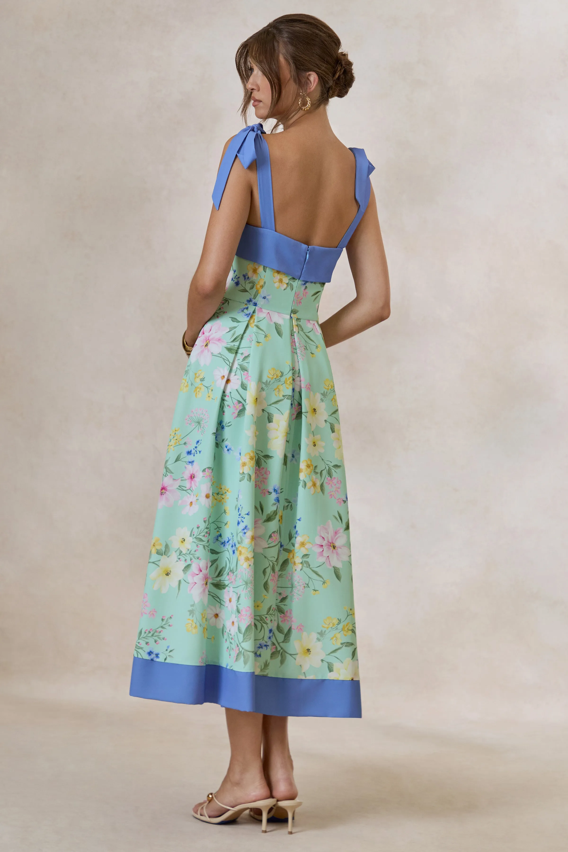 Marlisa | Mint Floral Print Square-Neck Midi Dress With Bow Straps sold by Club L London product image thumbnail 2