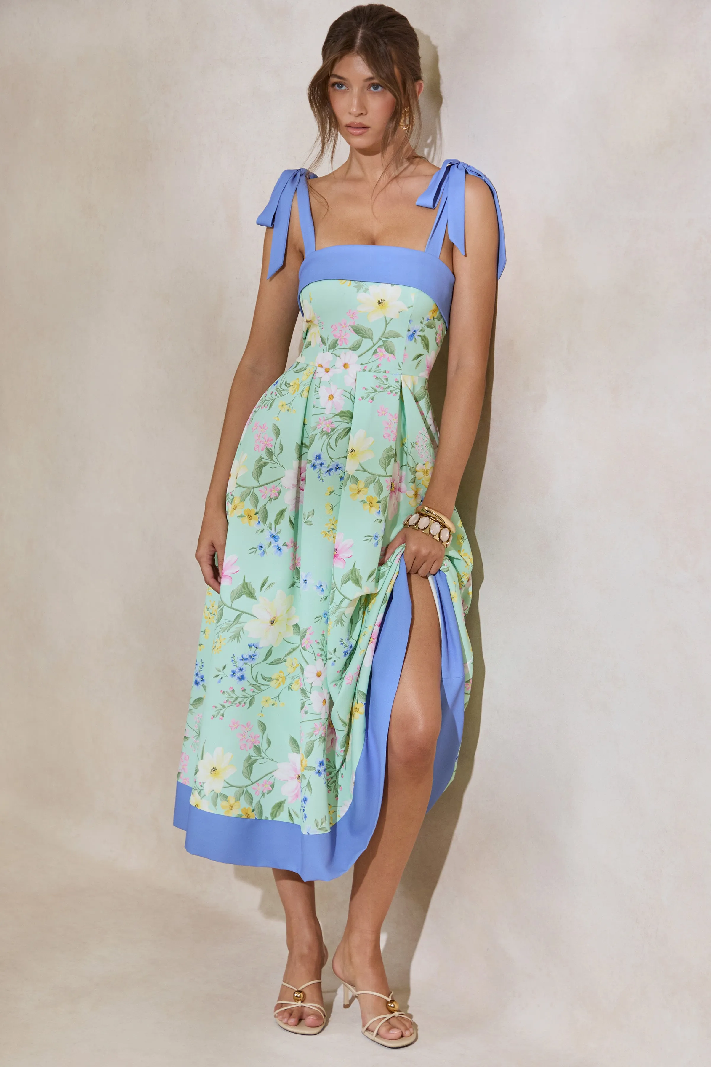 Marlisa | Mint Floral Print Square-Neck Midi Dress With Bow Straps sold by Club L London product image thumbnail 3